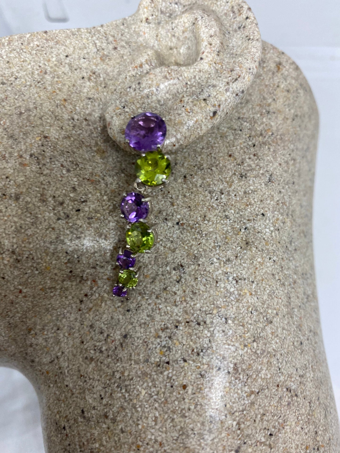 Vintage Sterling Silver Green Peridot Amethyst Chandelier Earrings