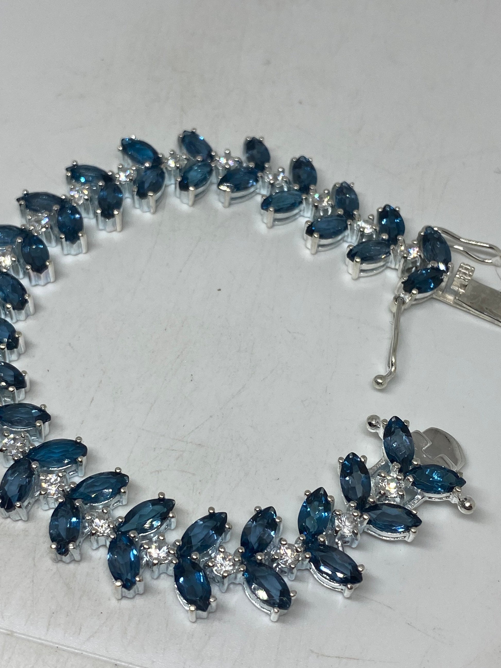 Vintage London Blue Topaz 925 Sterling Silver Tennis Bracelet