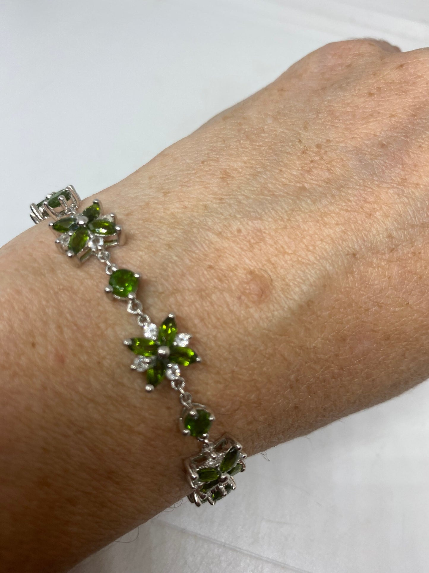 Vintage Victorian Style Sterling Silver Filigree Green Chrome Diopside Bracelet