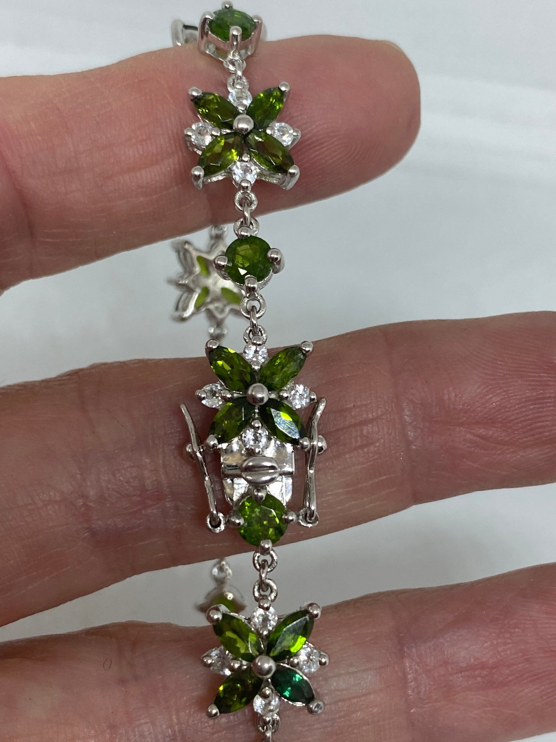 Vintage Victorian Style Sterling Silver Filigree Green Chrome Diopside Bracelet