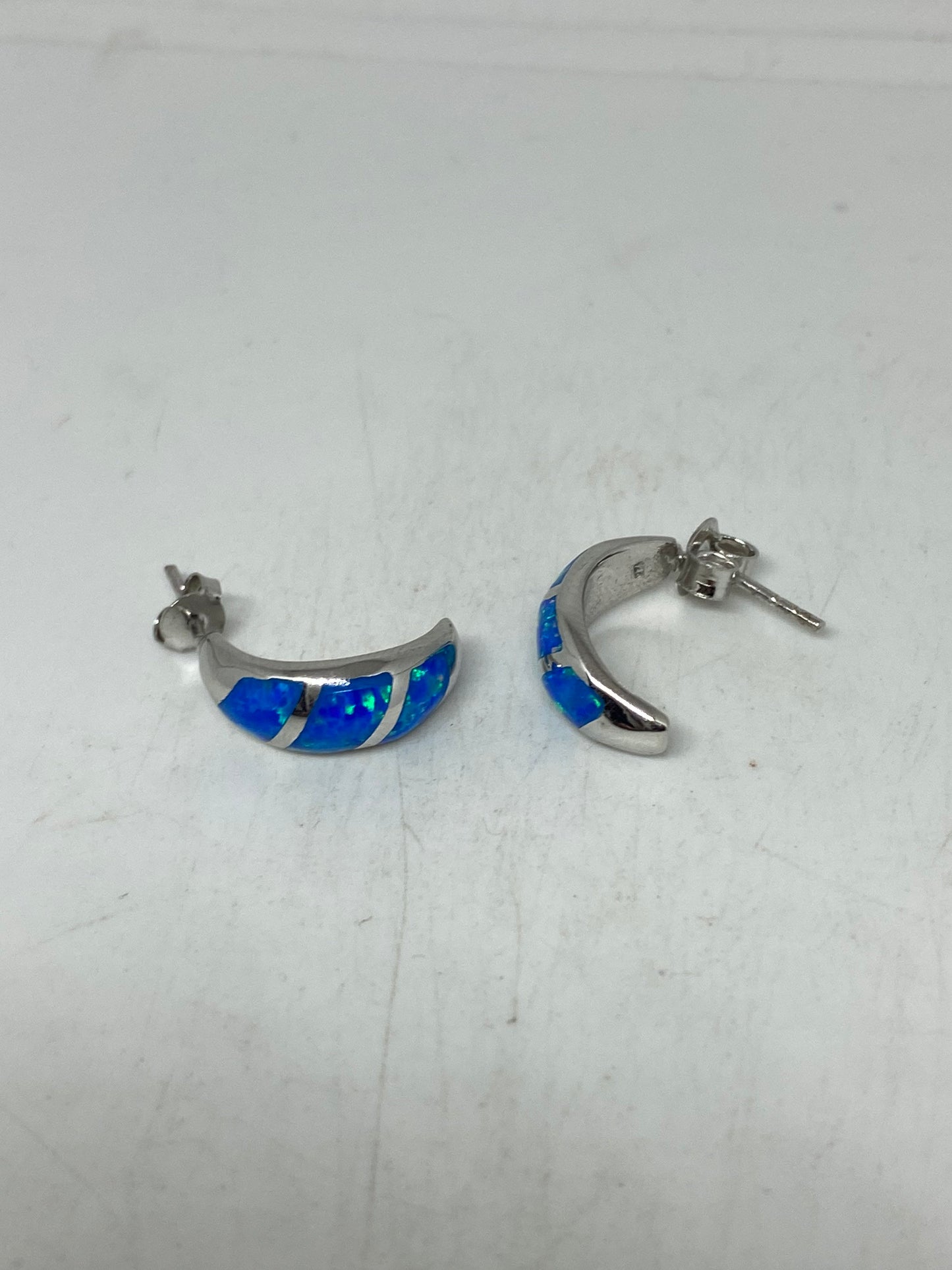 Vintage Blue Opal Earrings Cubic zirconia 925 Sterling Silver Hoop Dangle