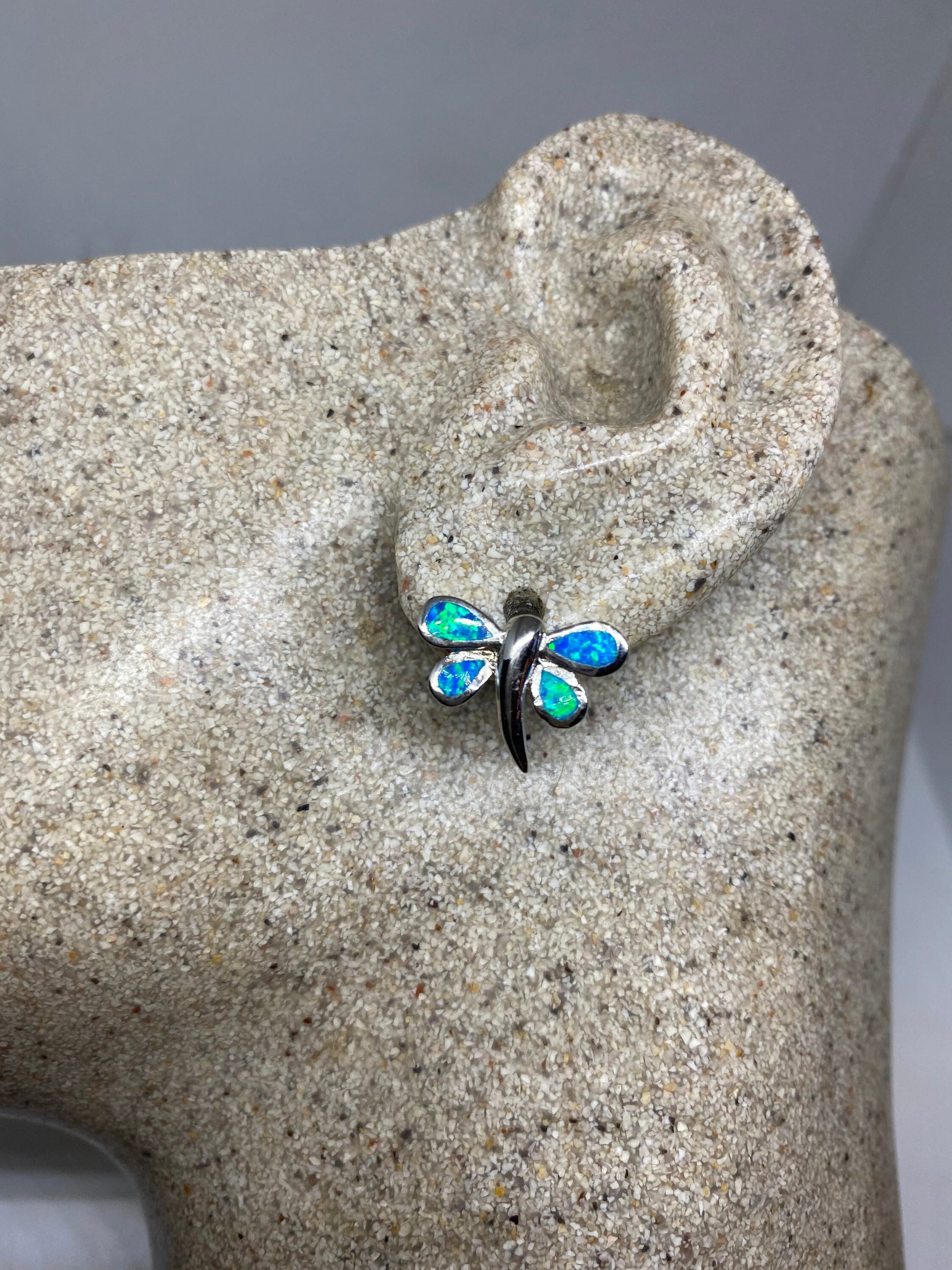 Vintage Blue Opal Dragonfly Earrings 925 Sterling Silver Stud Button