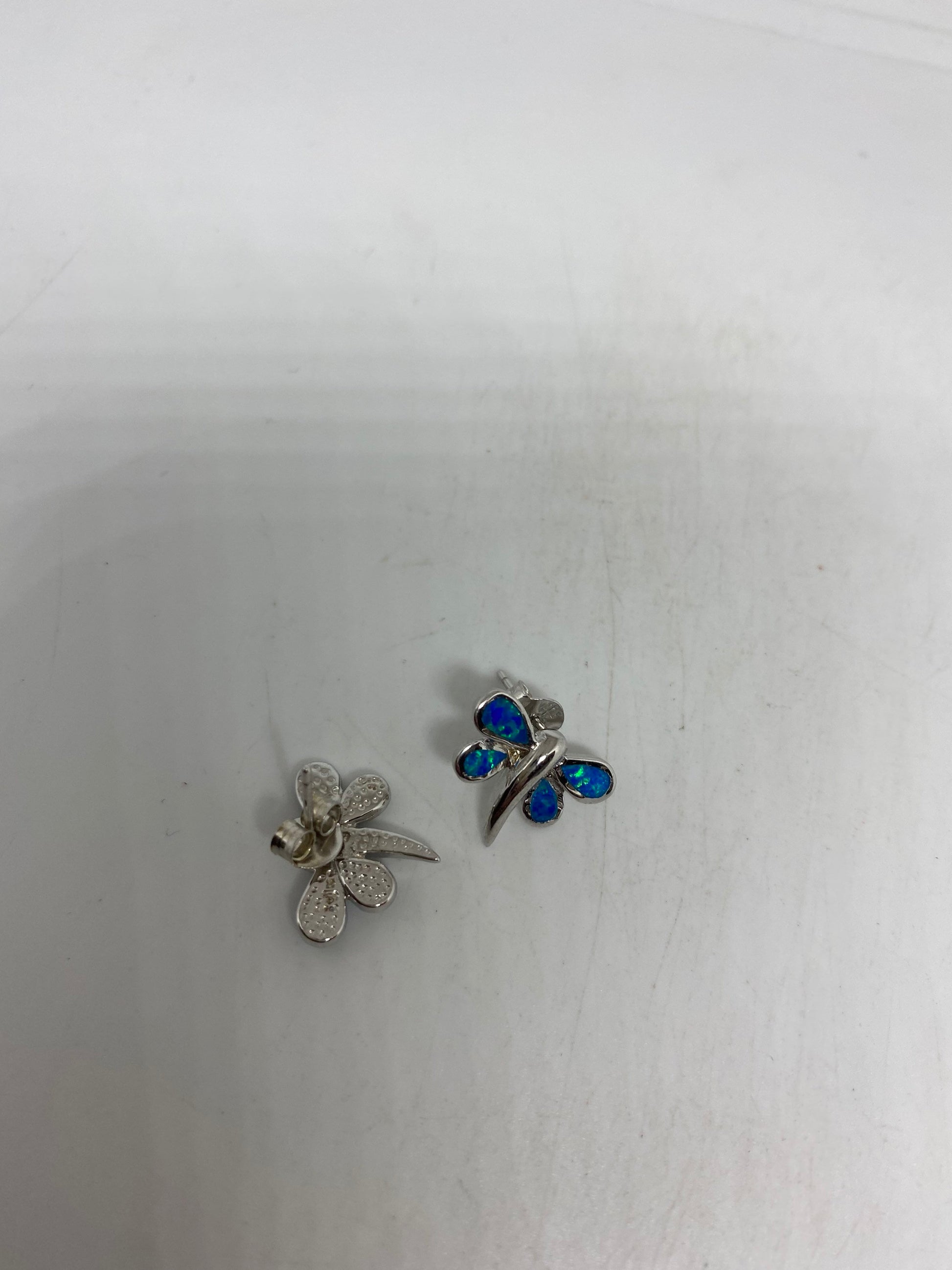 Vintage Blue Opal Dragonfly Earrings 925 Sterling Silver Stud Button