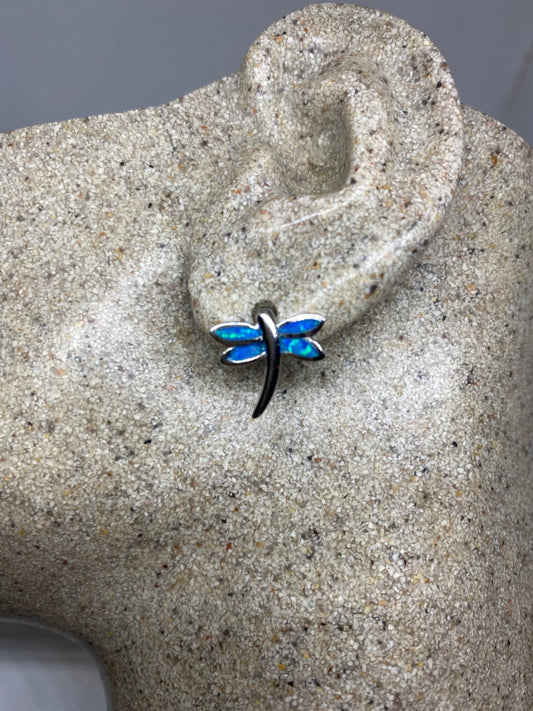 Vintage Blue Opal Dragonfly Earrings 925 Sterling Silver Stud Button