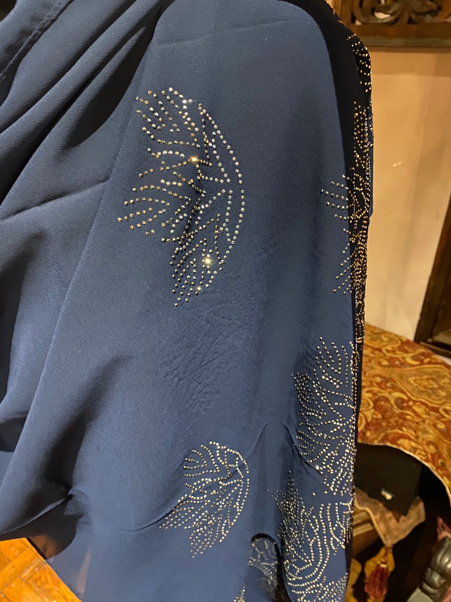 Vintage Styled Sheer Navy Blue Flower Beaded Wrap Shawl