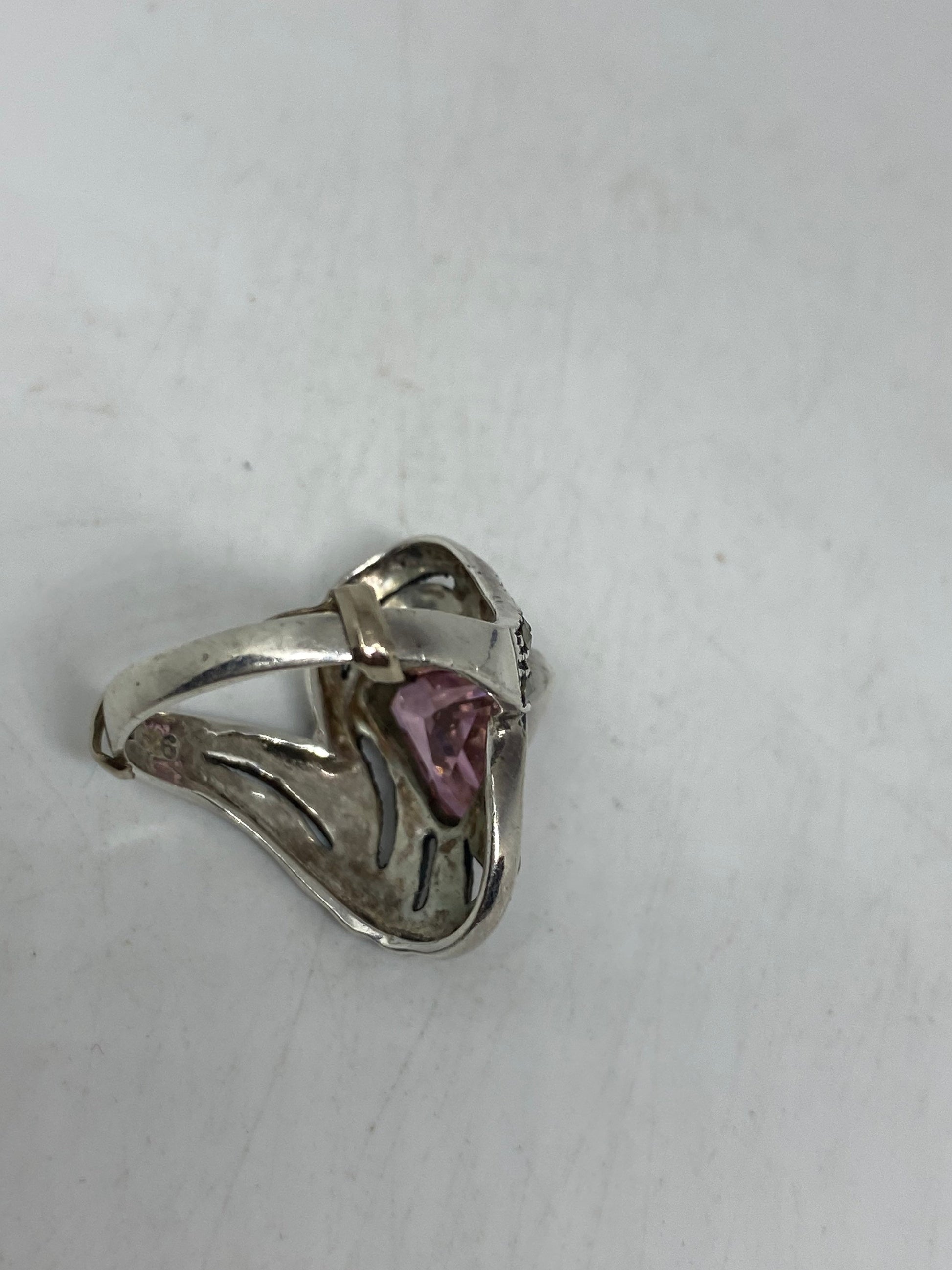 Vintage Pink CZ 925 Sterling Silver Cocktail Ring Size 6.25