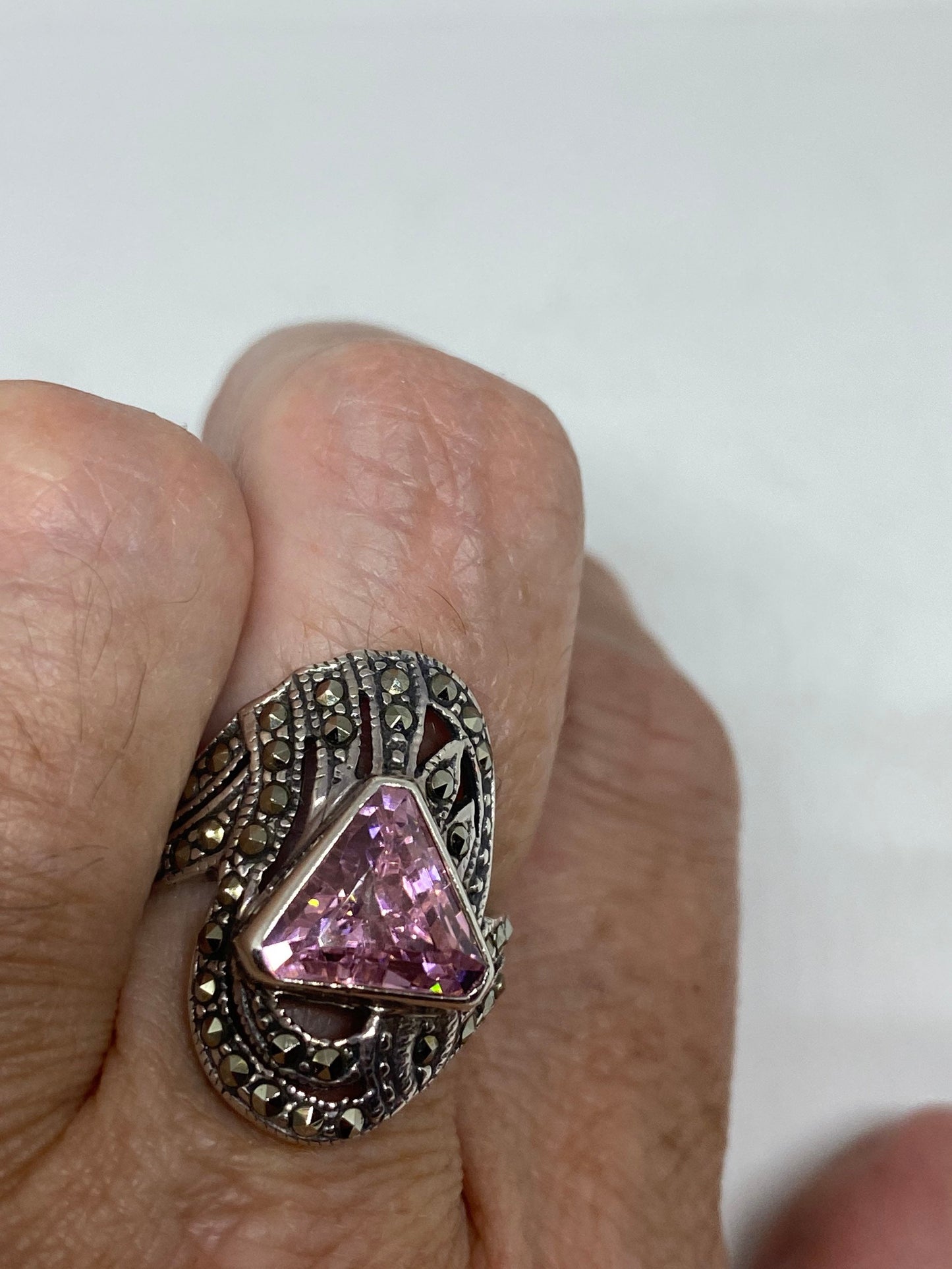 Vintage Pink CZ 925 Sterling Silver Cocktail Ring Size 6.25