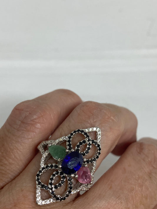Vintage Green Emerald Ruby and Sapphire 925 Sterling Silver Ring Size 7