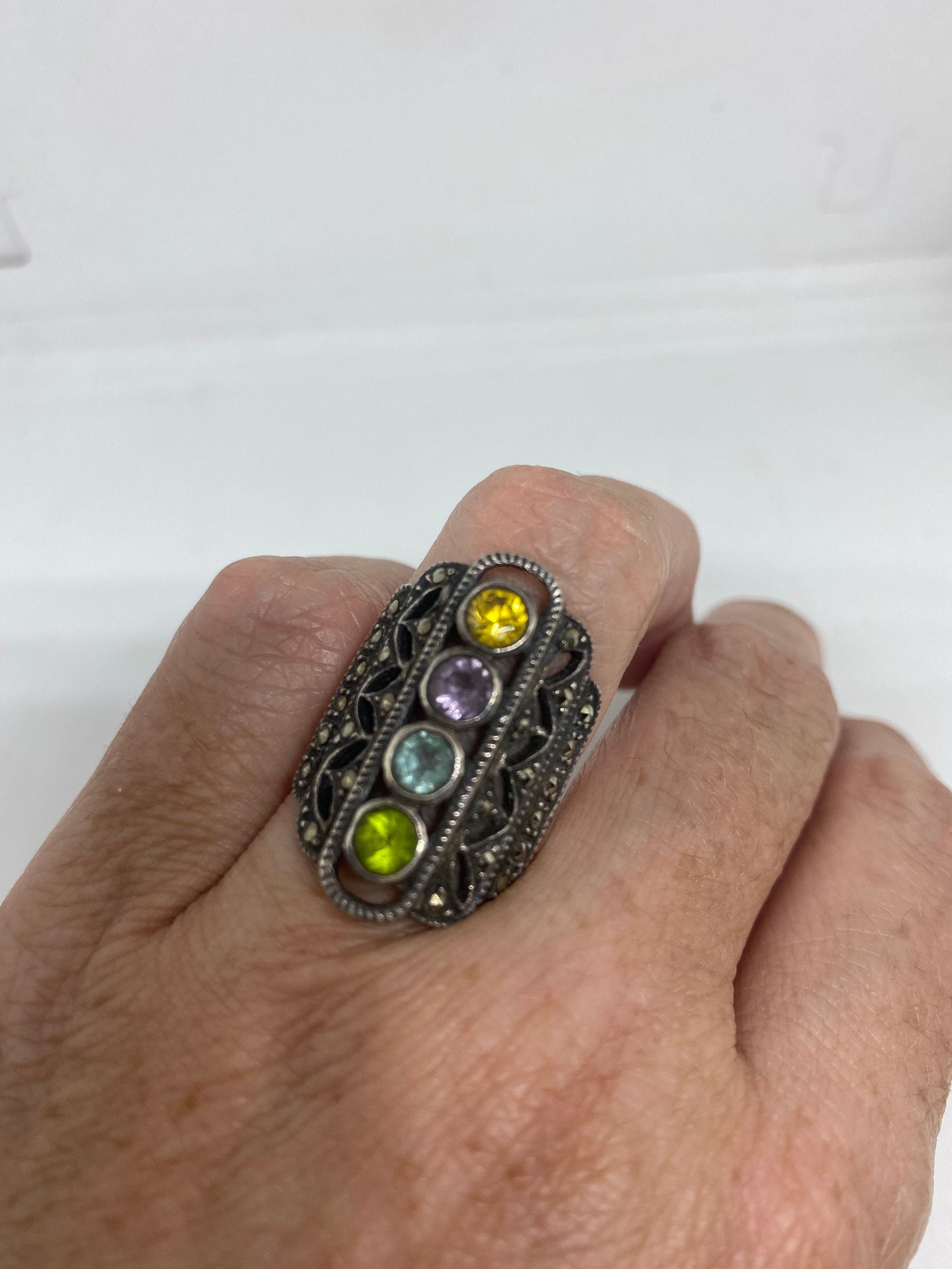 Vintage Mixed Genuine Gemstones 925 Sterling Silver Ring