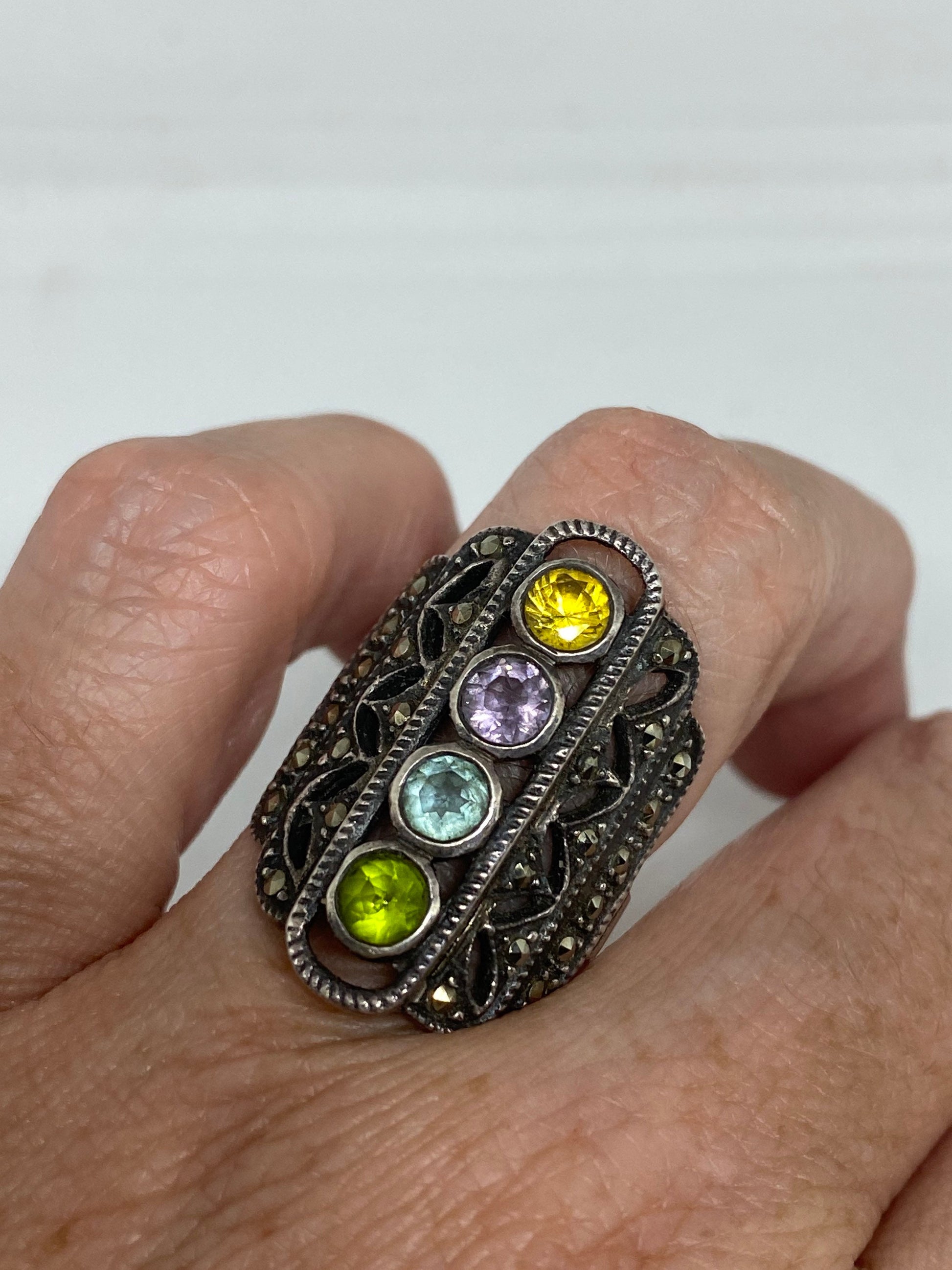 Vintage Mixed Genuine Gemstones 925 Sterling Silver Ring