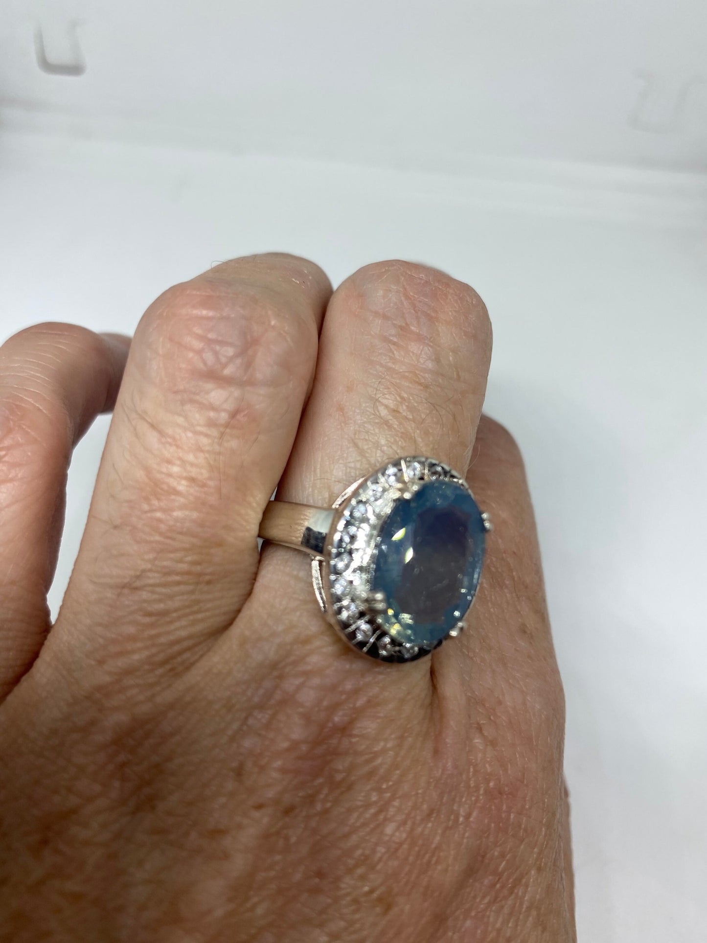 Vintage Blue Smoky Opal Ring White Sapphire 925 Sterling Silver Cocktail Size 8