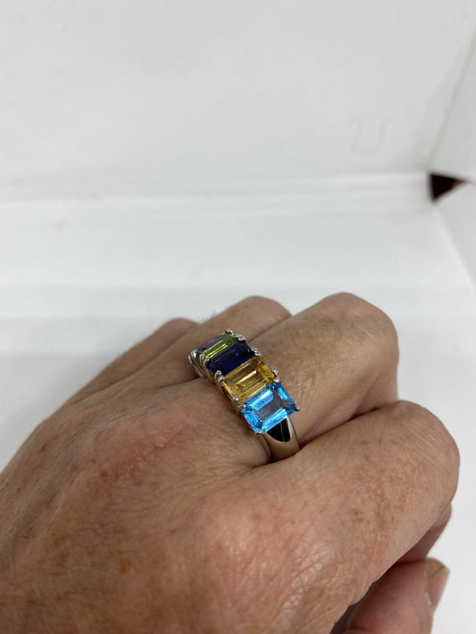 Vintage Mixed Genuine Gemstones 925 Sterling Silver Ring