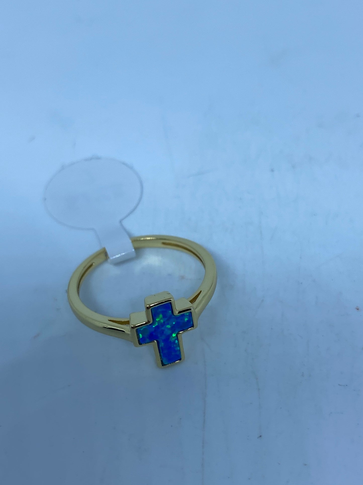 Vintage Handmade Blue Opal Cross 925 Sterling Silver Gold Rhodium Ring