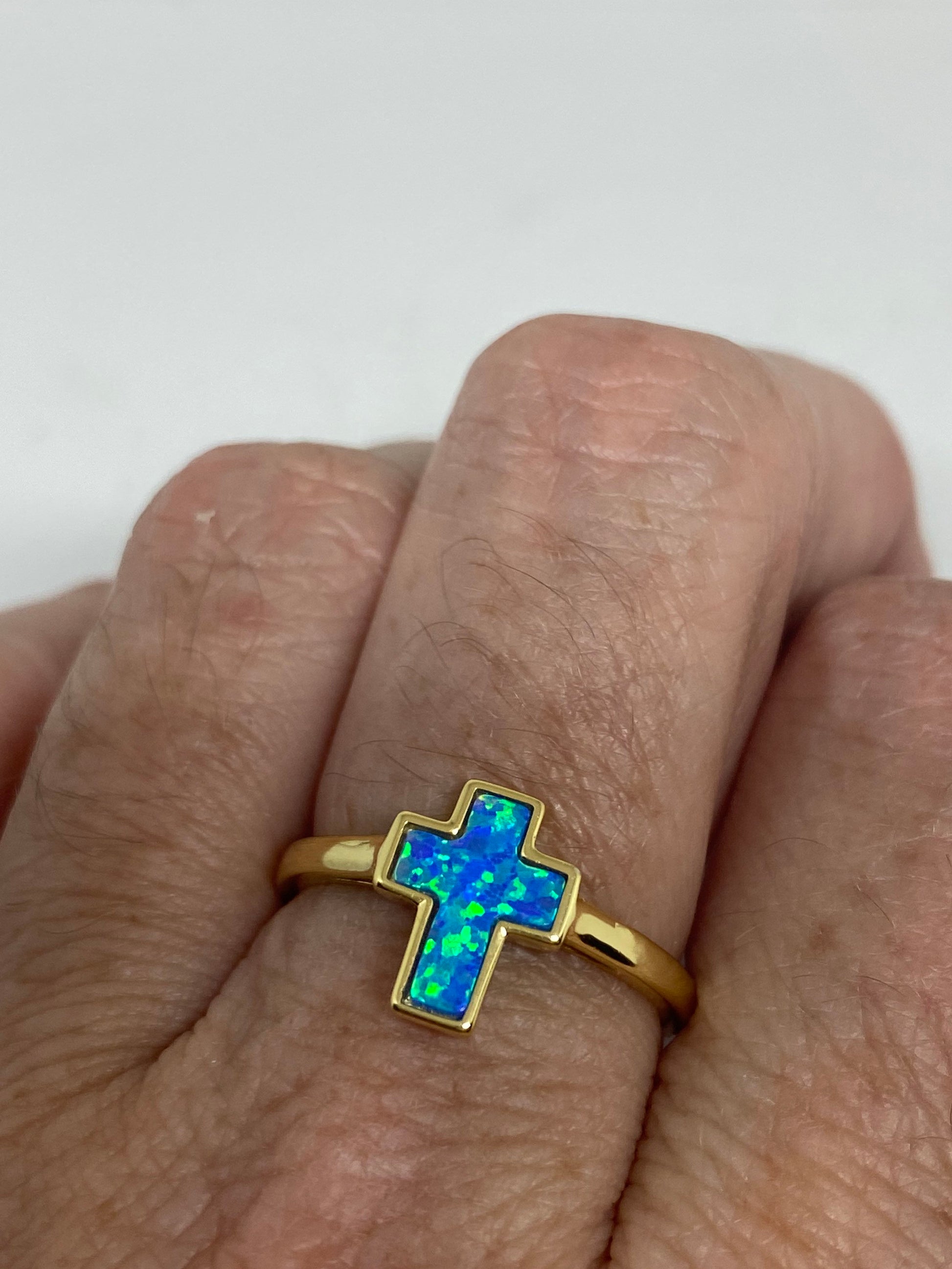 Vintage Handmade Blue Opal Cross 925 Sterling Silver Gold Rhodium Ring