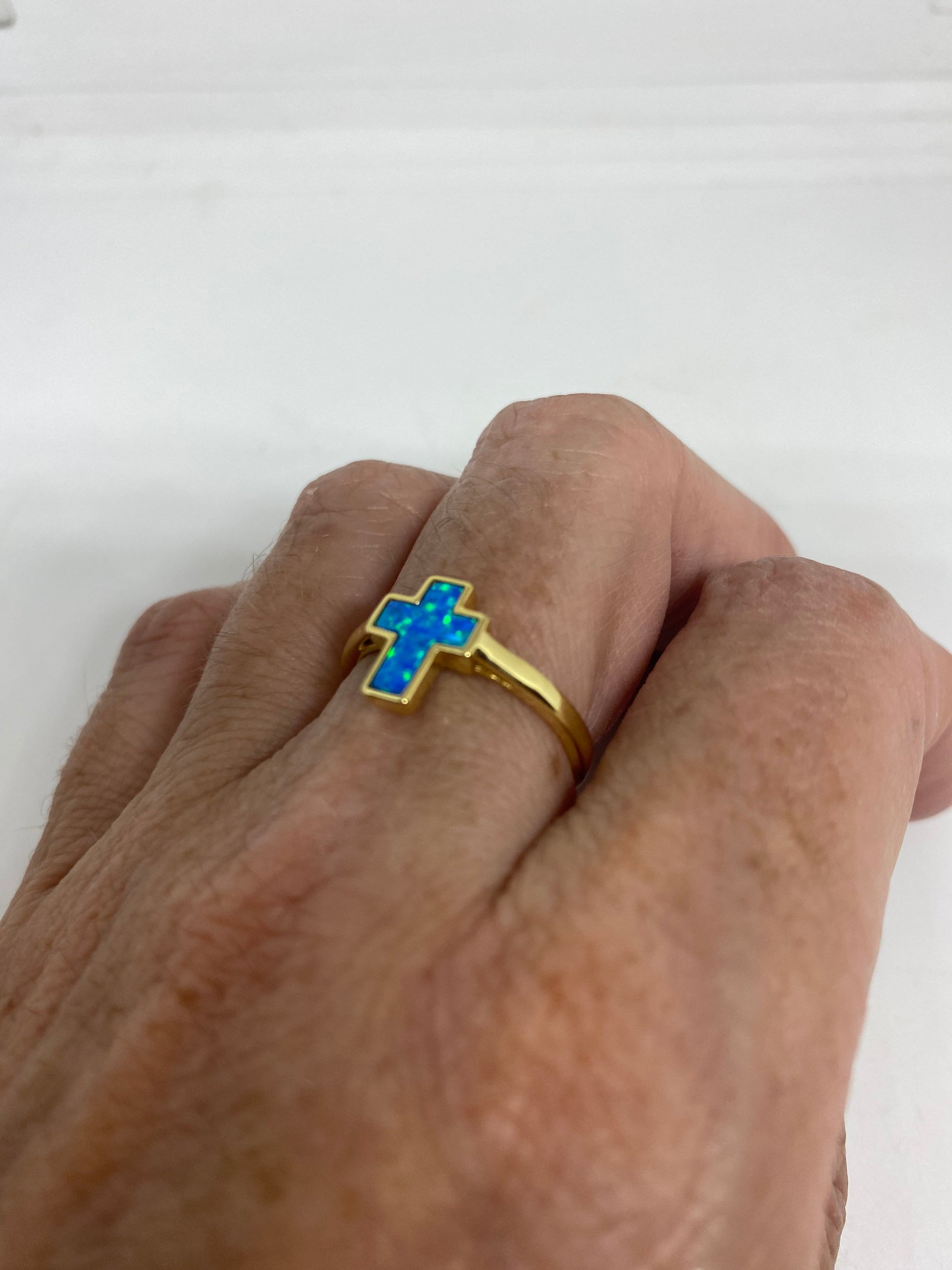 Vintage Handmade Blue Opal Cross 925 Sterling Silver Gold Rhodium Ring