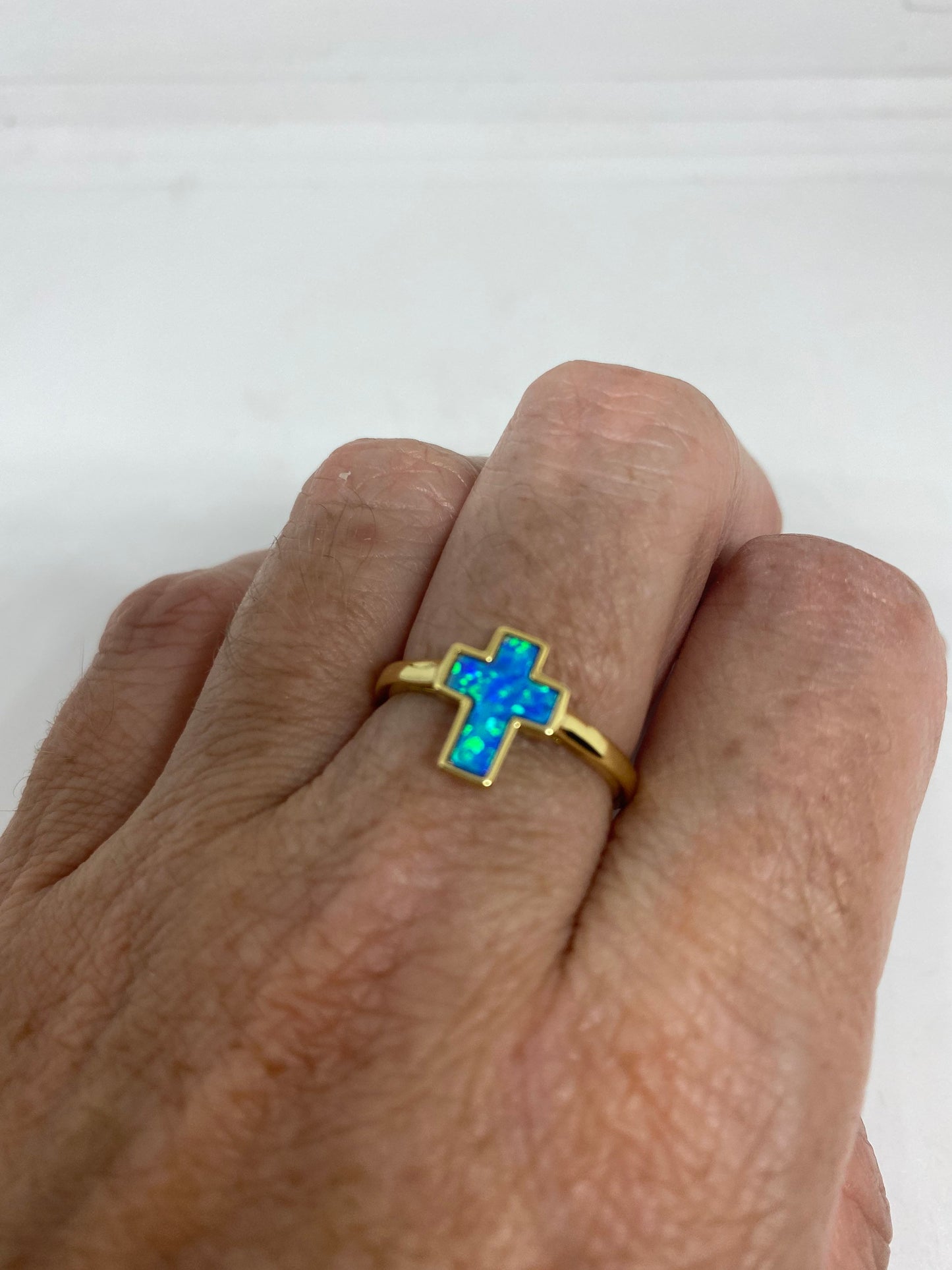 Vintage Handmade Blue Opal Cross 925 Sterling Silver Gold Rhodium Ring