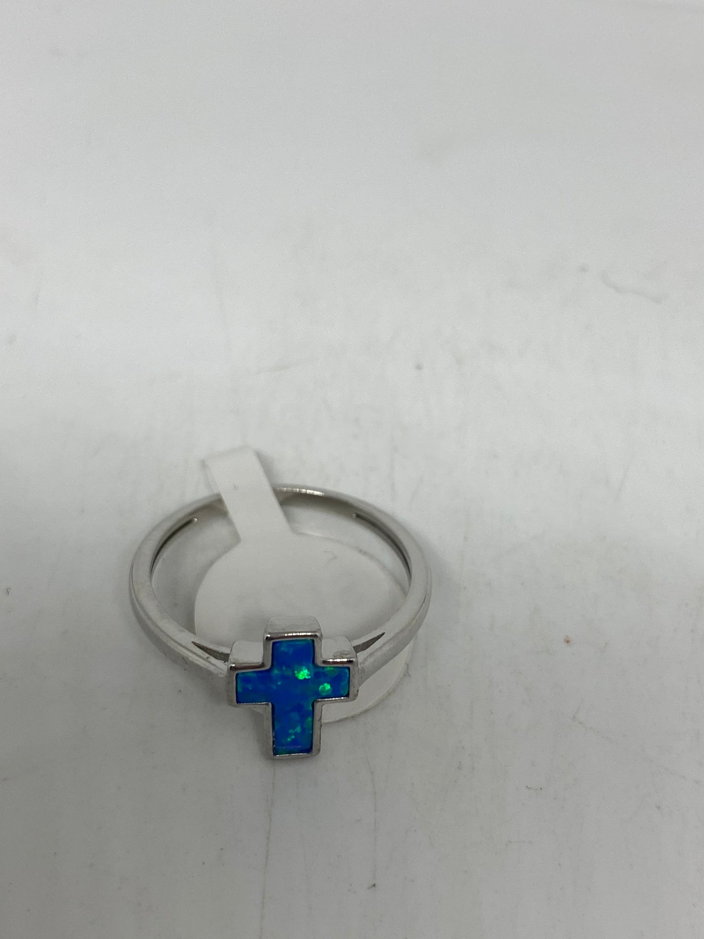 Vintage Handmade Blue Opal Cross 925 Sterling Silver Rhodium Ring