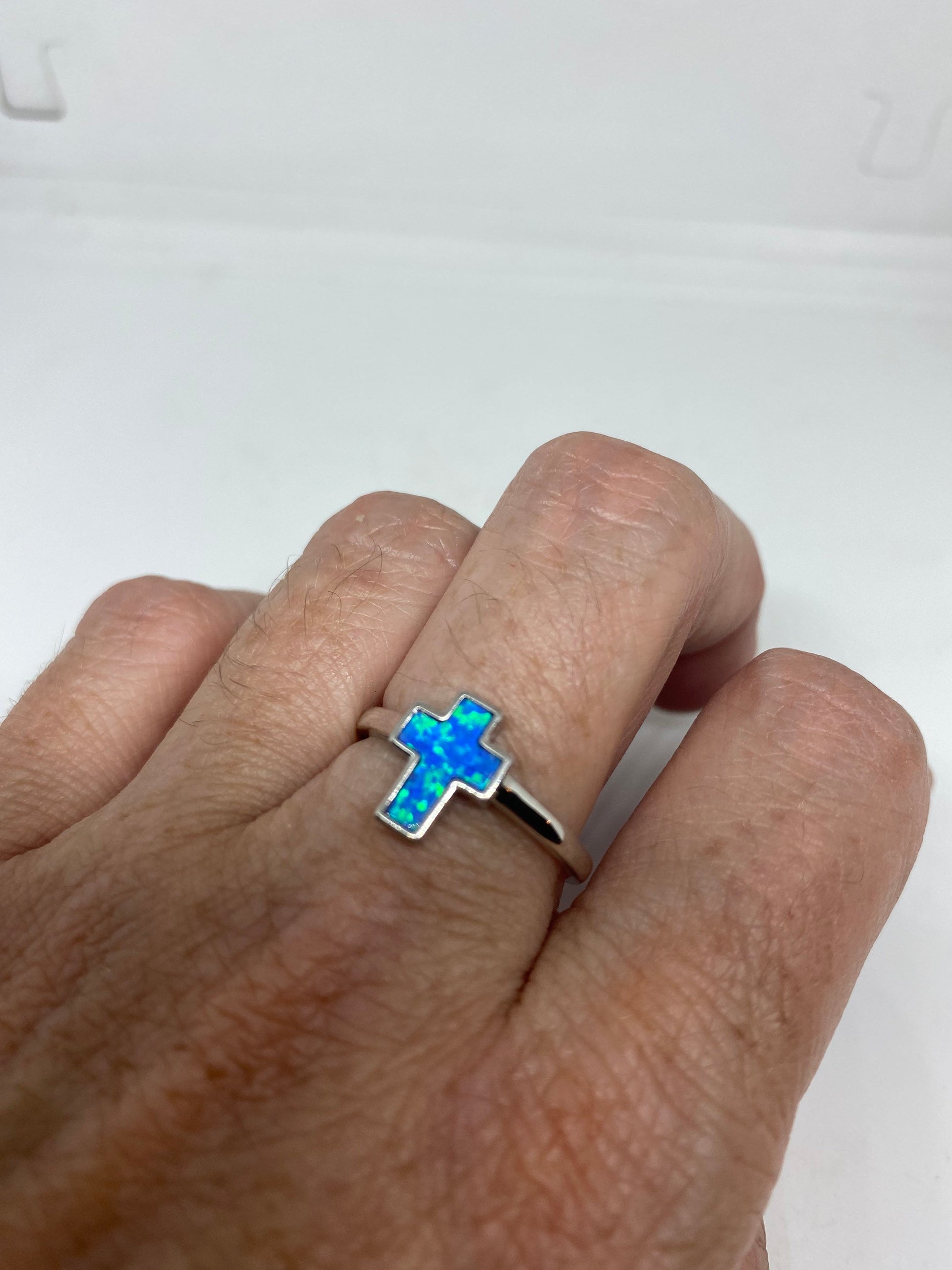 Vintage Handmade Blue Opal Cross 925 Sterling Silver Rhodium Ring