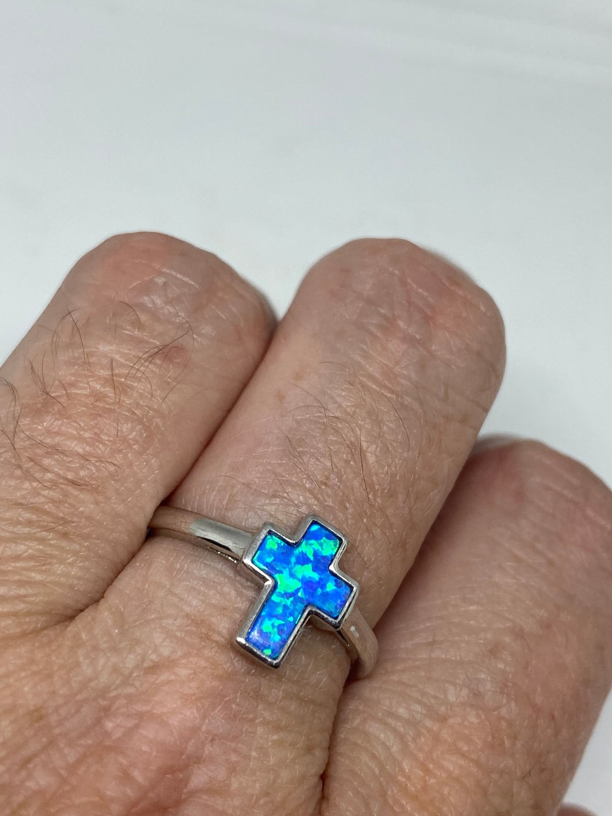 Vintage Handmade Blue Opal Cross 925 Sterling Silver Rhodium Ring