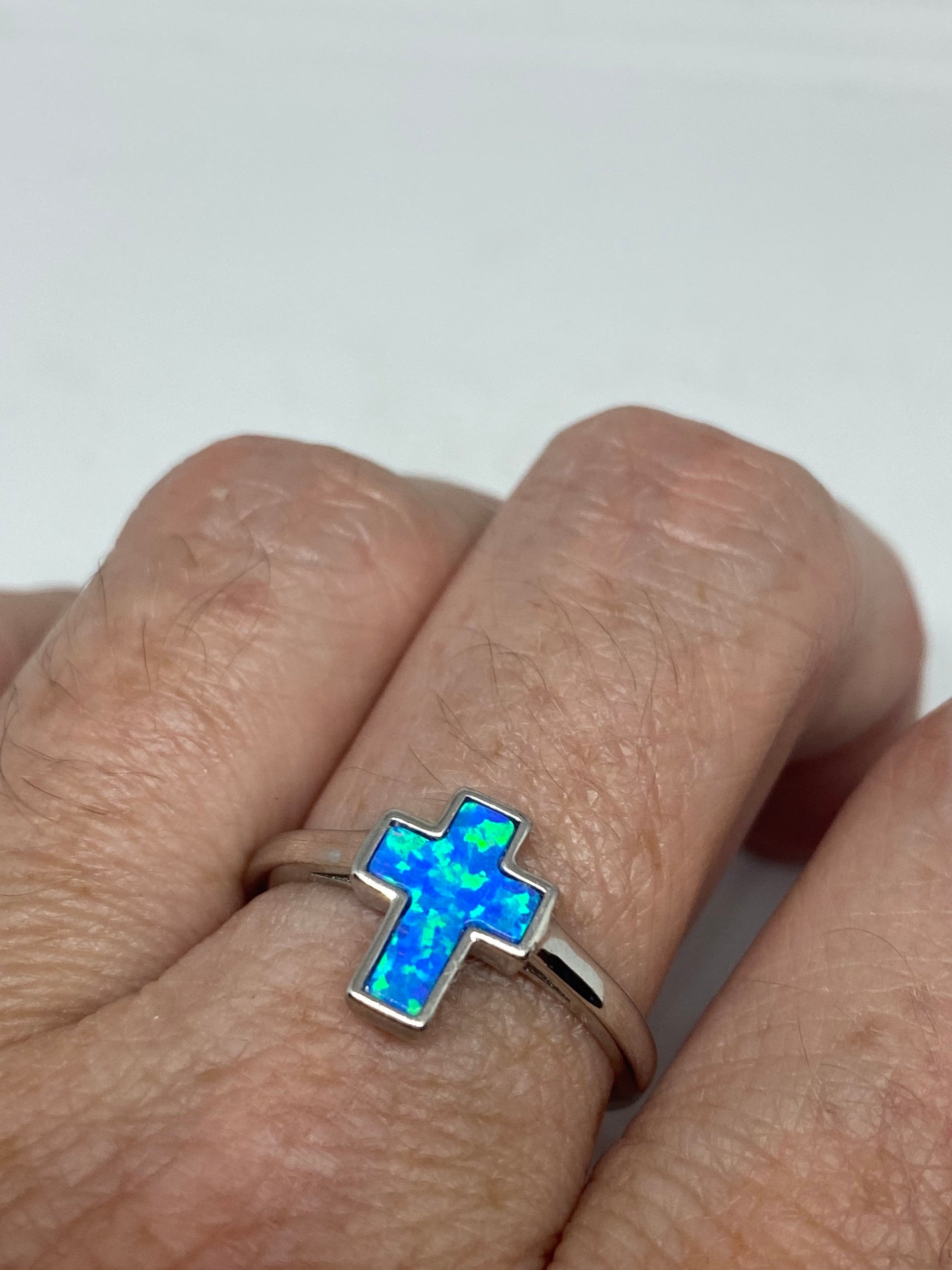 Vintage Handmade Blue Opal Cross 925 Sterling Silver Rhodium Ring