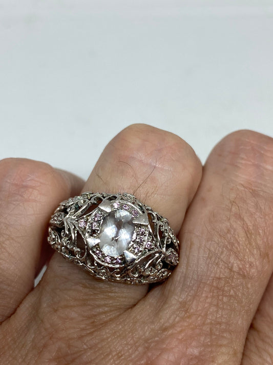 Vintage Clear Quartz Pink Sapphire 925 Sterling Silver Cocktail Ring Size 6.5