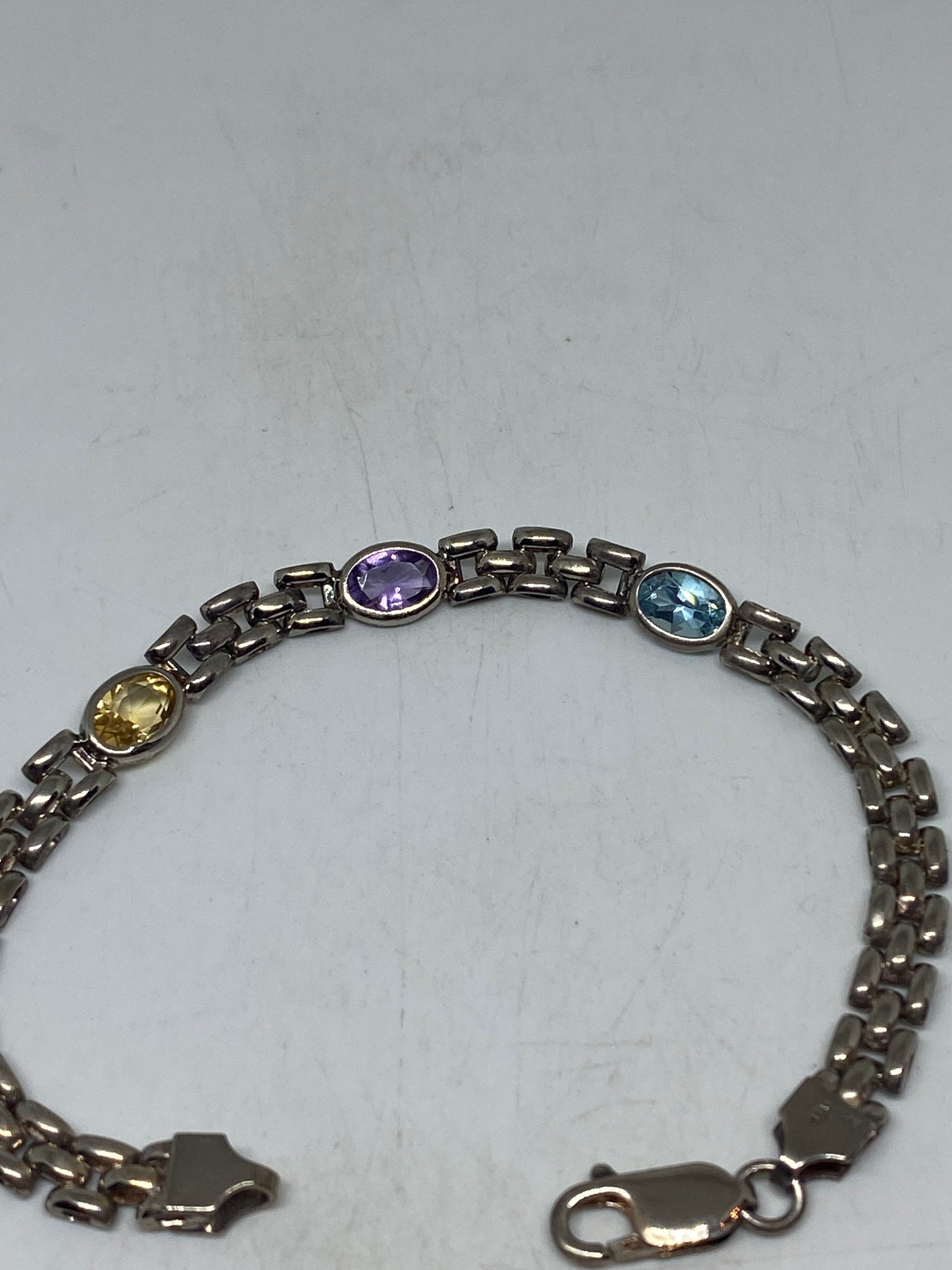 Vintage Genuine Mixed Gemstones Sterling Silver Tennis Bracelet