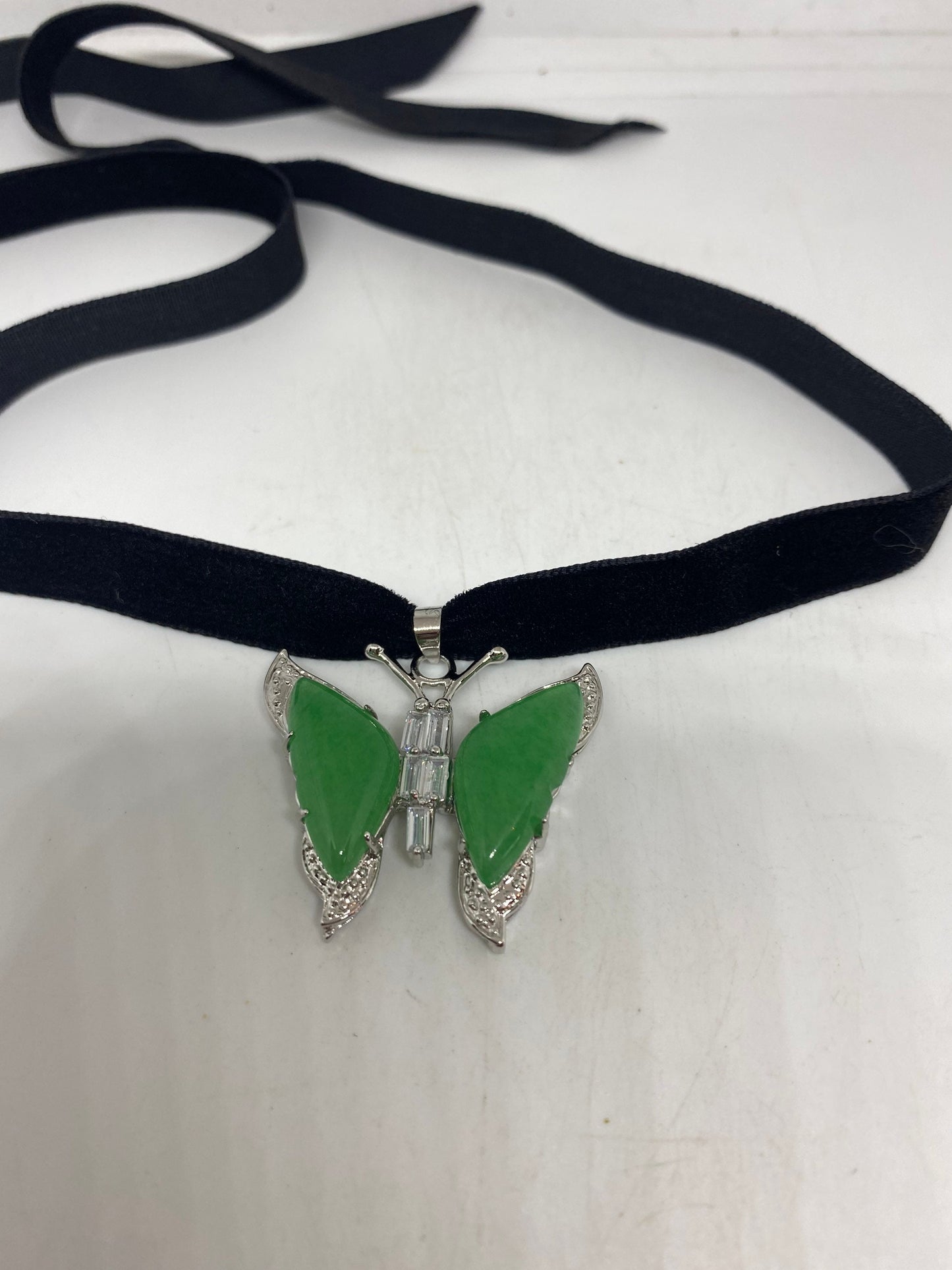 Vinate Green Jade Silver Finish Butterfy Necklace