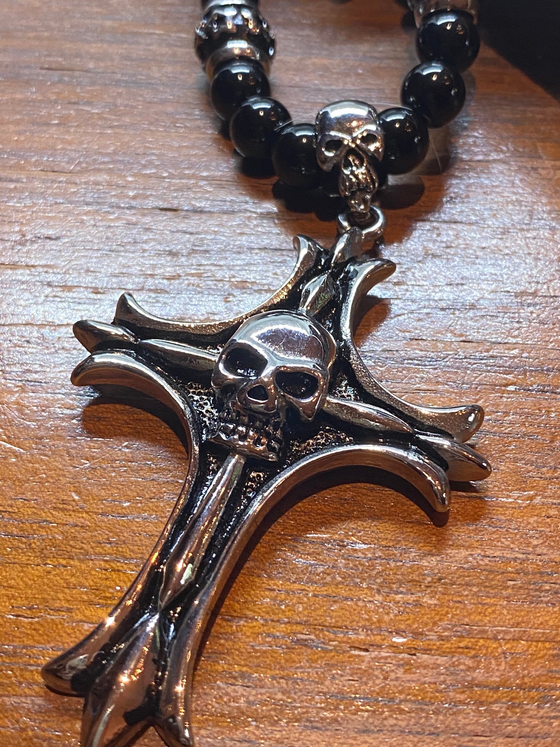 Vintage Black Onyx Silver Stainless Steel Skull Cross Pendant Necklace