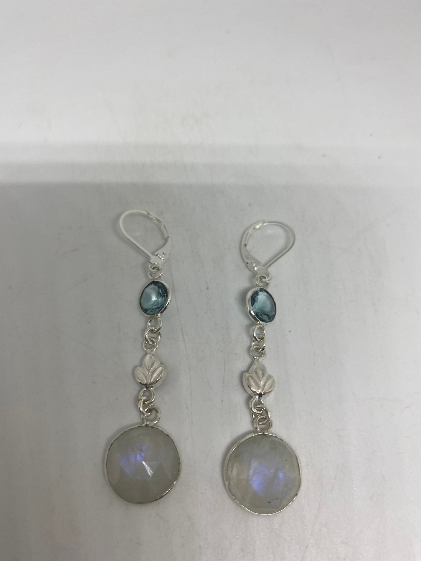 Vintage Rainbow Moonstone Sterling Silver Lever Back Dangle Earrings