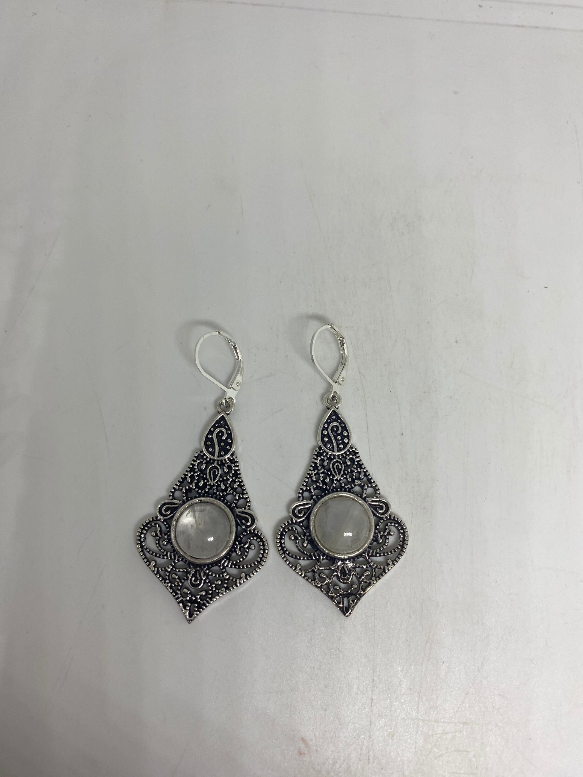 Vintage Rainbow Moonstone Sterling Silver Lever Back Dangle Earrings