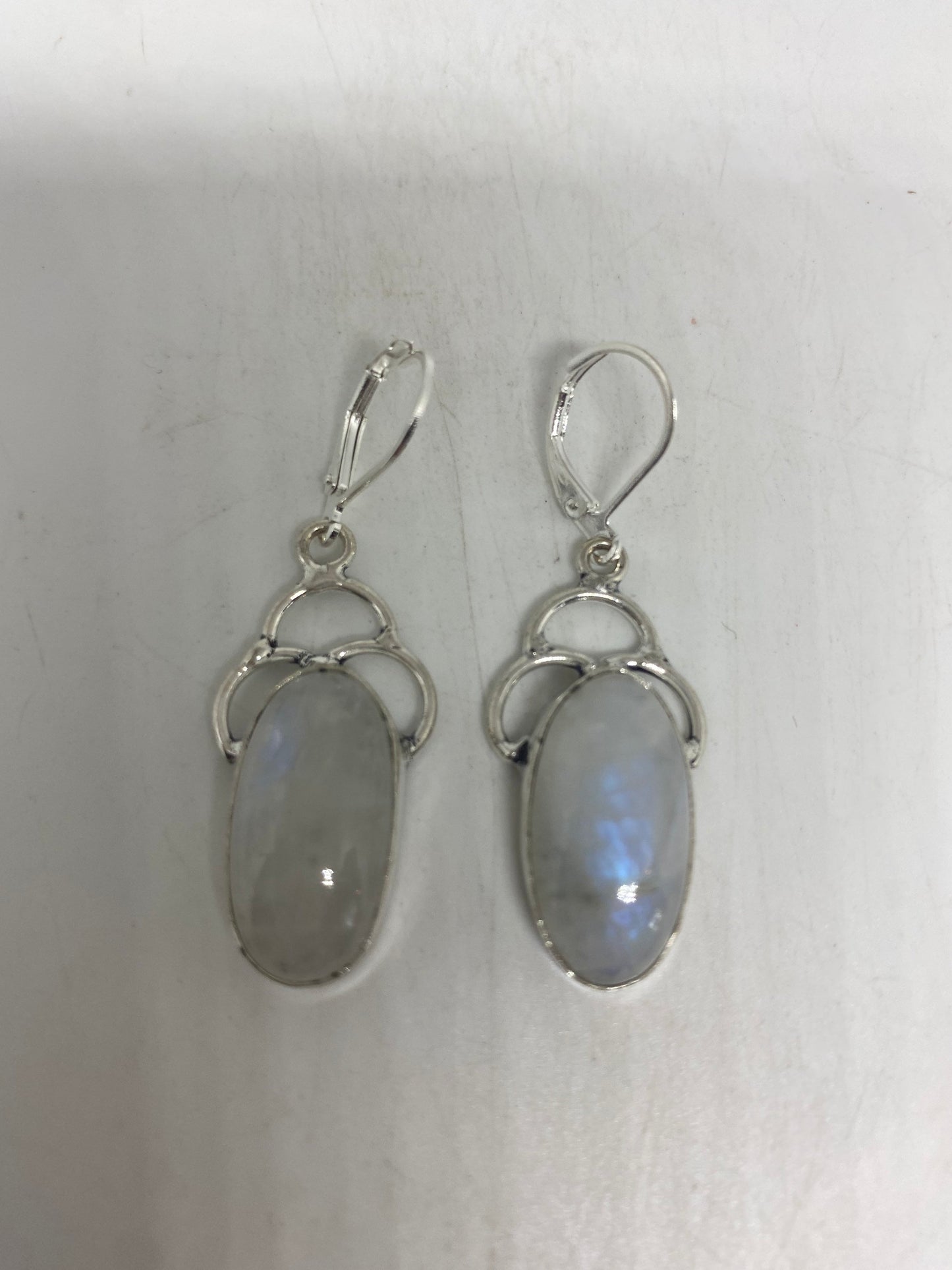 Vintage Rainbow Moonstone Sterling Silver Lever Back Dangle Earrings