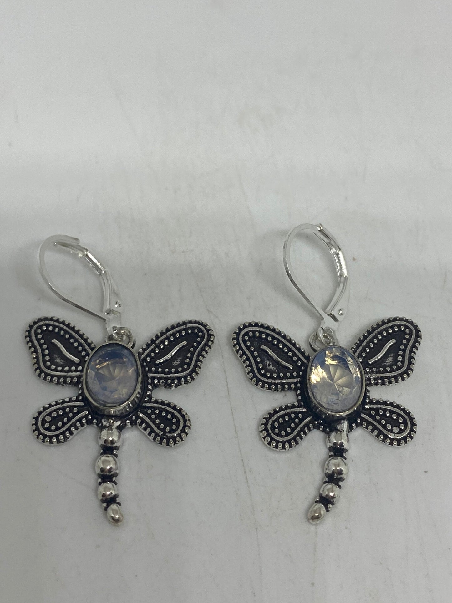 Vintage Rainbow Moonstone Sterling Silver Lever Back Dangle Dragonfly Earrings