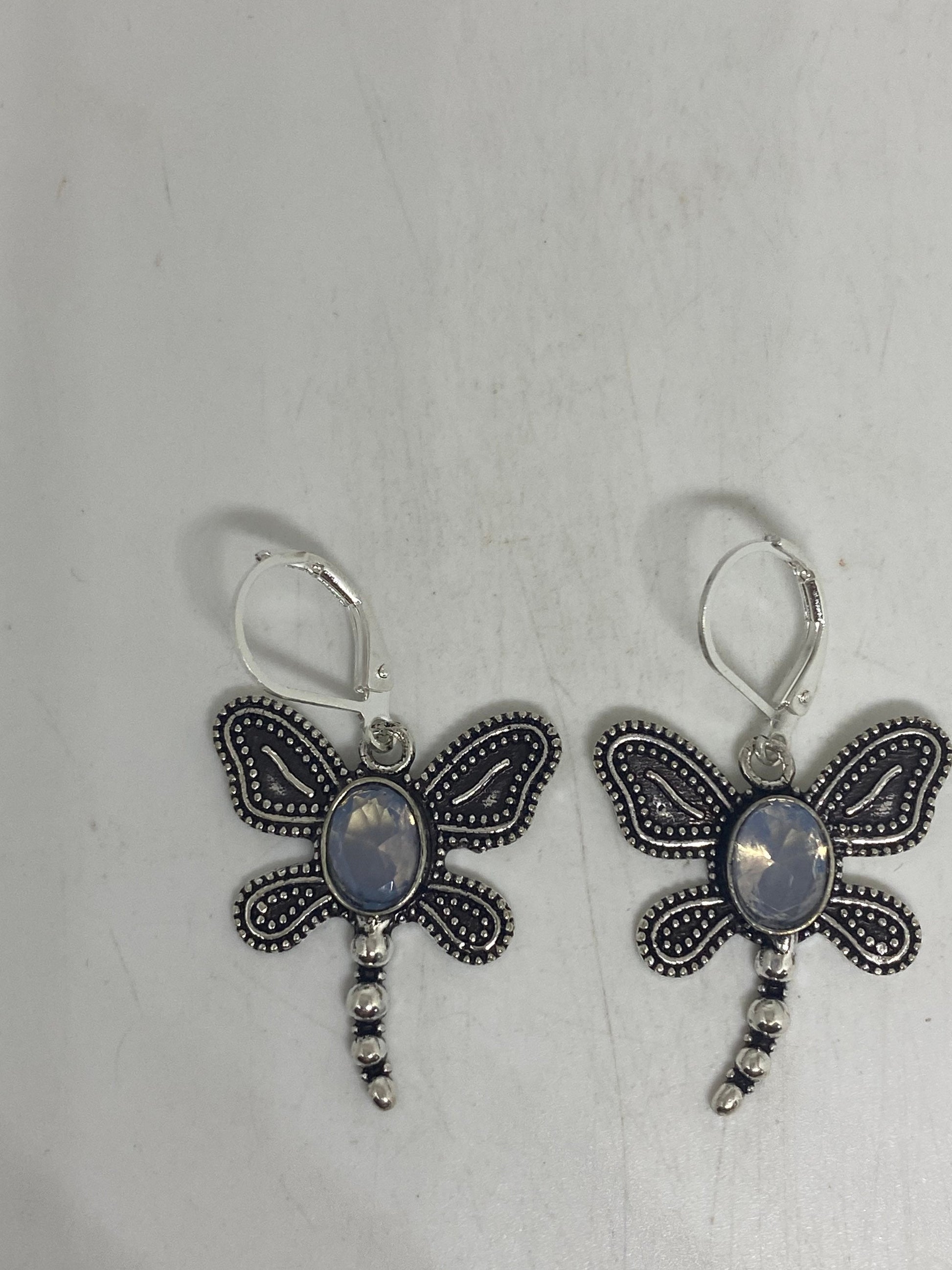 Vintage Rainbow Moonstone Sterling Silver Lever Back Dangle Dragonfly Earrings