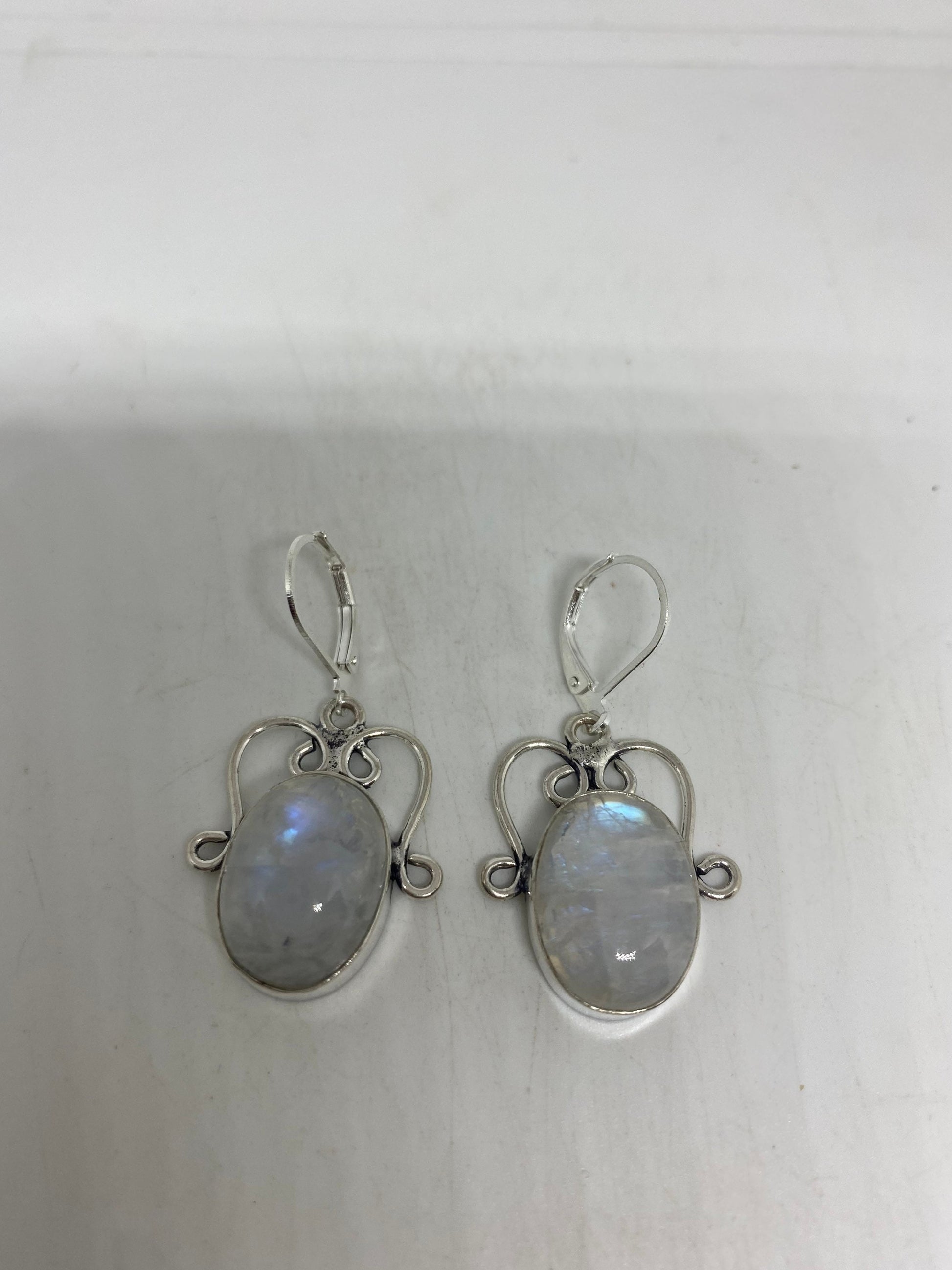 Vintage Rainbow Moonstone Sterling Silver Lever Back Dangle Earrings