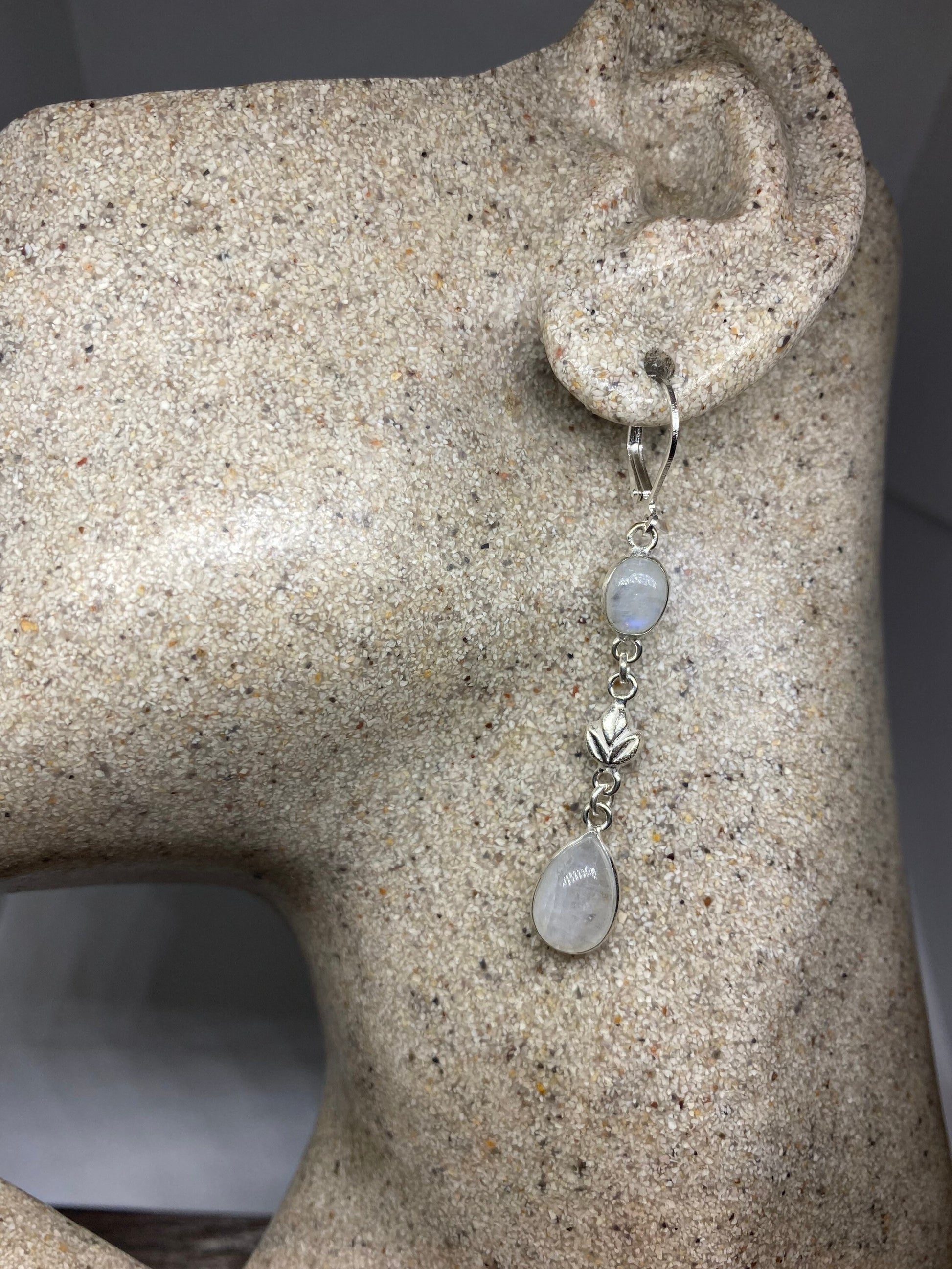 Vintage Rainbow Moonstone Sterling Silver Lever Back Dangle Earrings