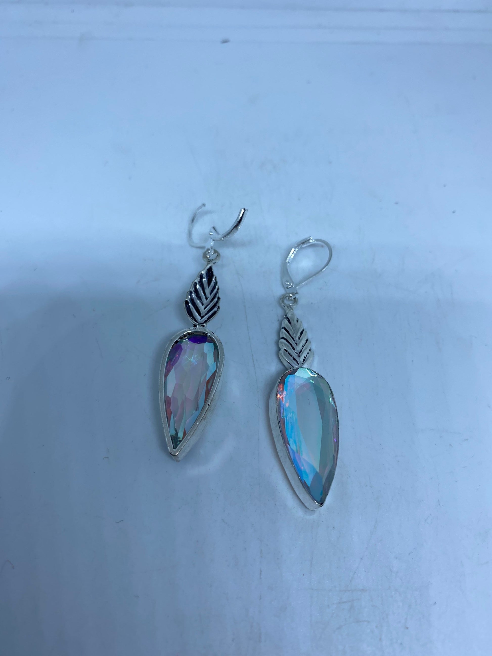 Antique Vintage Blue White Opal Glass Silver Dangle Earrings