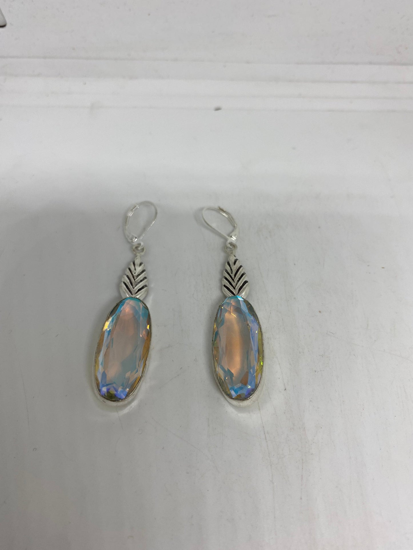 Antique Vintage Blue White Opal Glass Silver Dangle Earrings