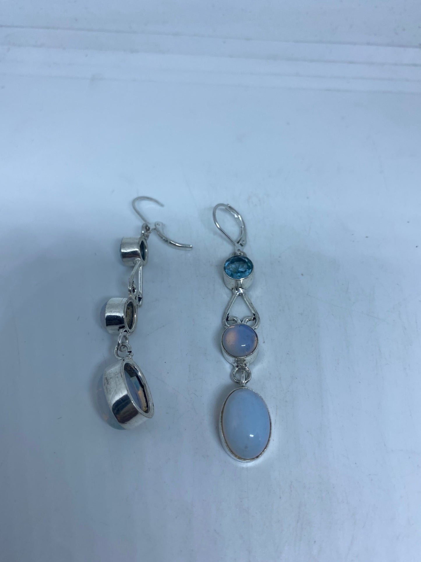 Antique Vintage Blue White Opal Glass Silver Dangle Earrings