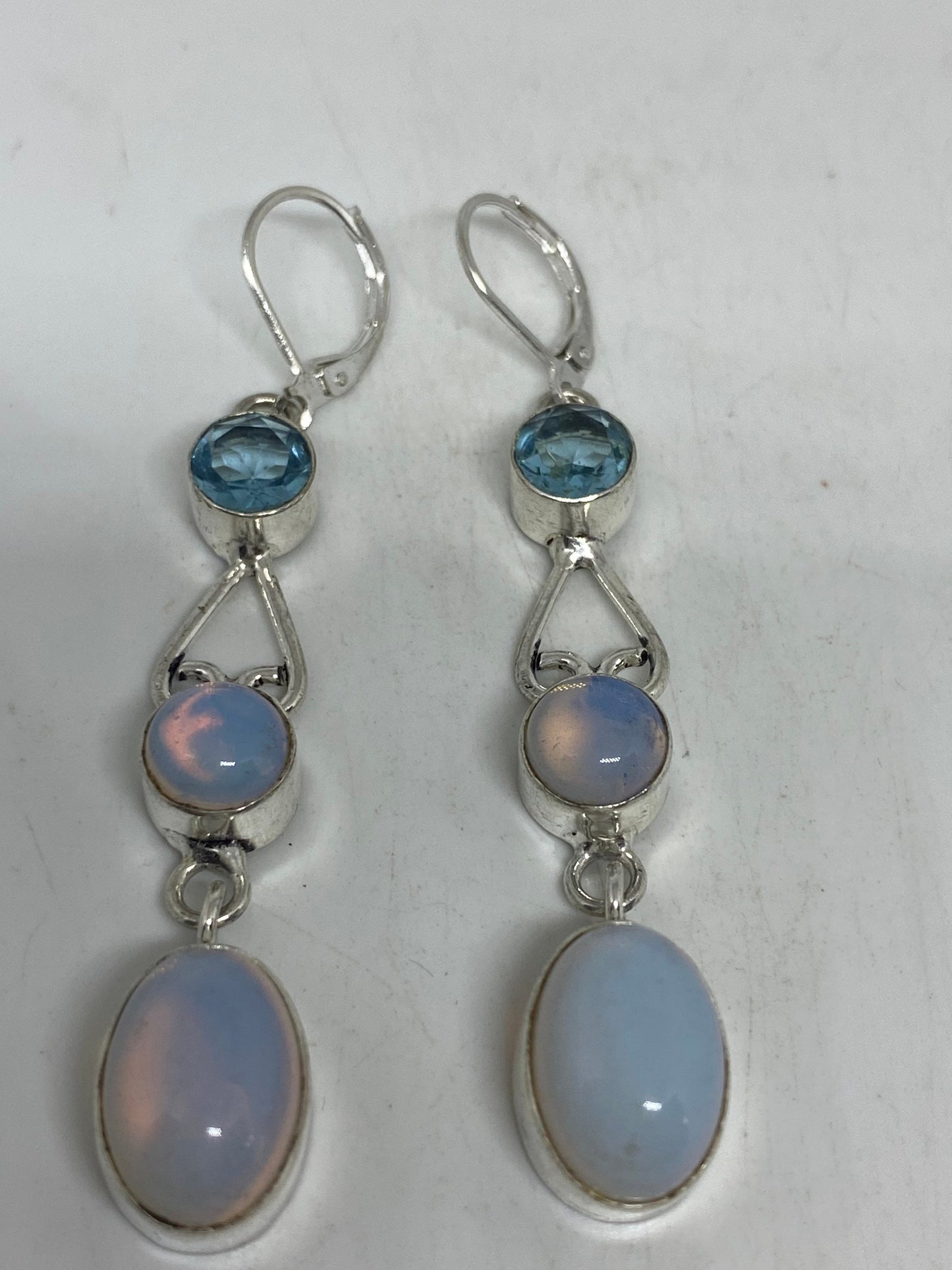 Antique Vintage Blue White Opal Glass Silver Dangle Earrings