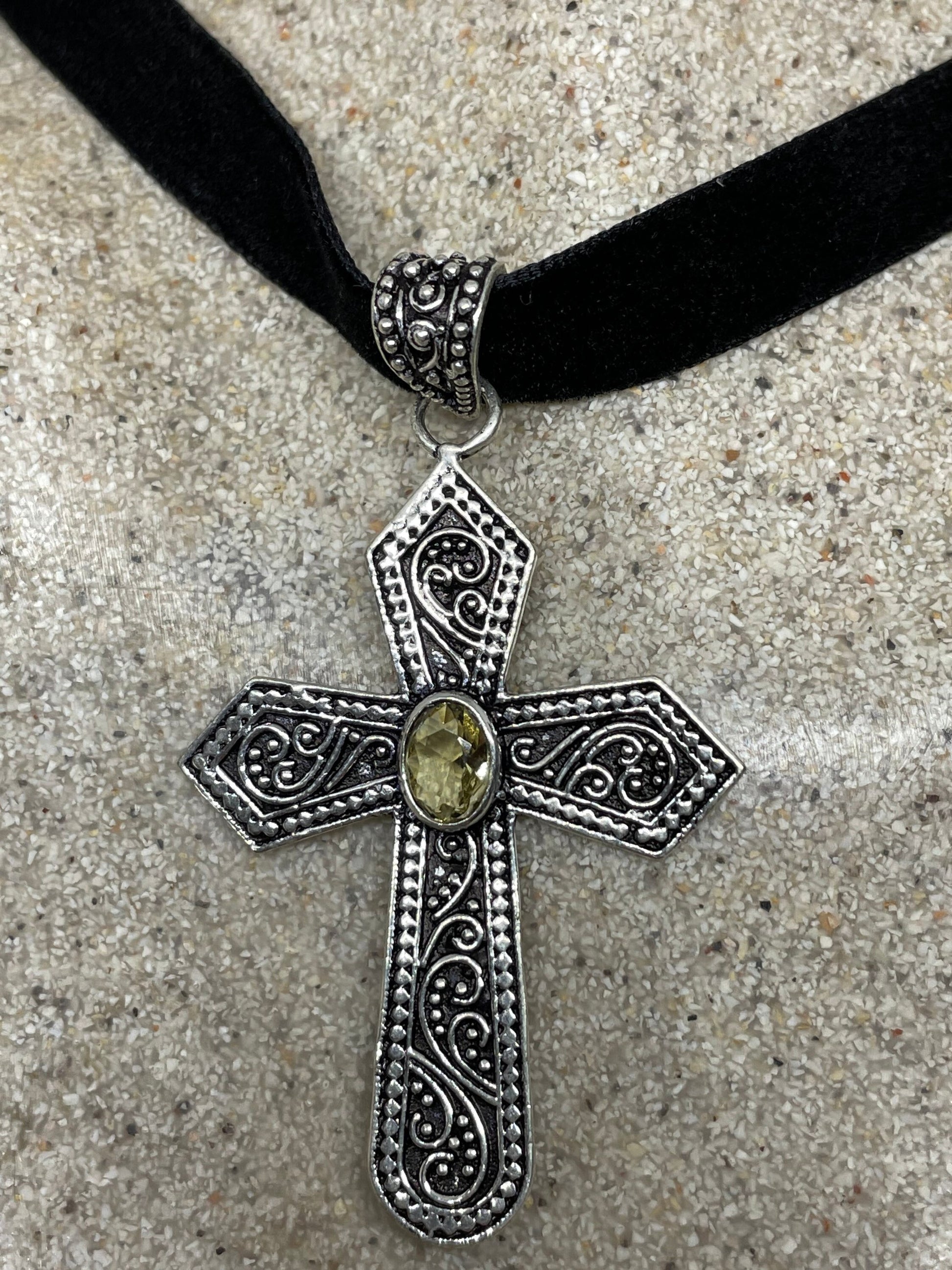 Vintage Handmade Bronze Silver Golden Citrine cross Pendant