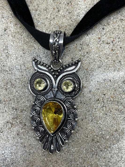 Vintage Citrine Owl Choker Antique Pendant Necklace