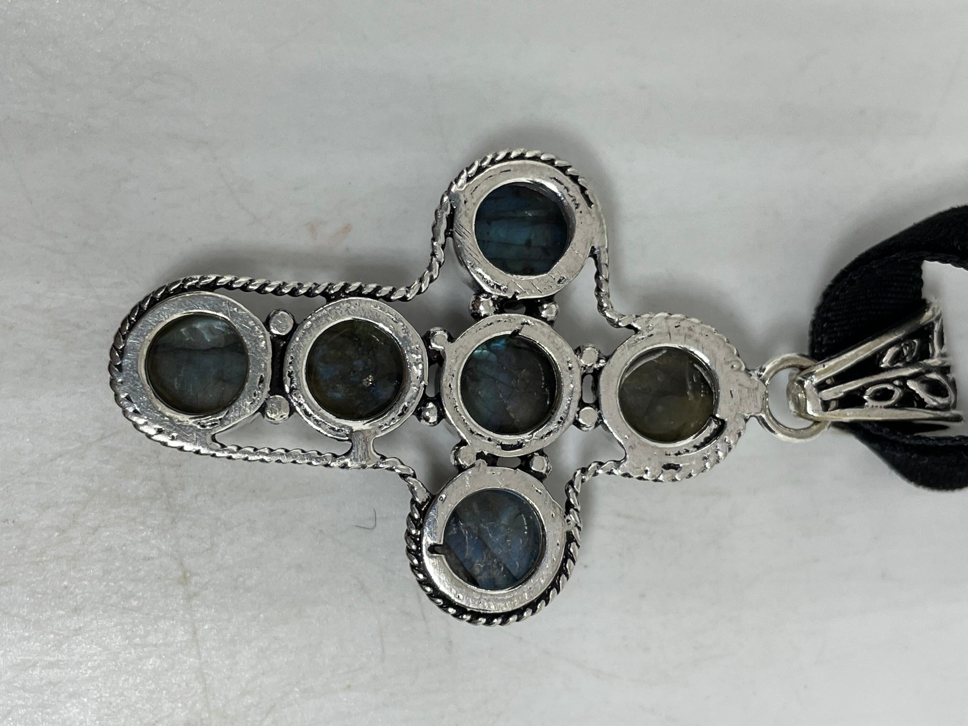 Vintage Handmade Silver Finish Rainbow Labradorite Cross Choker Pendant