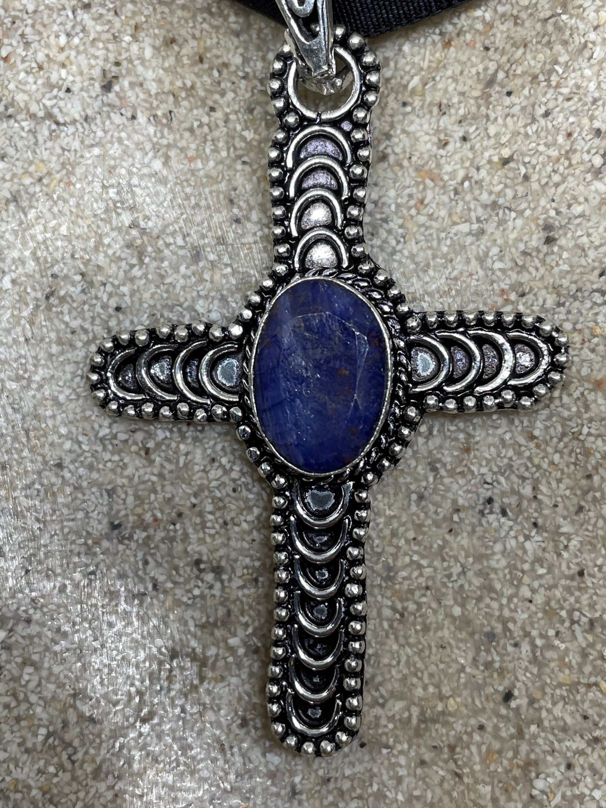 Vintage Blue Raw Sapphire Cross Choker White Bronze Pendant Necklace