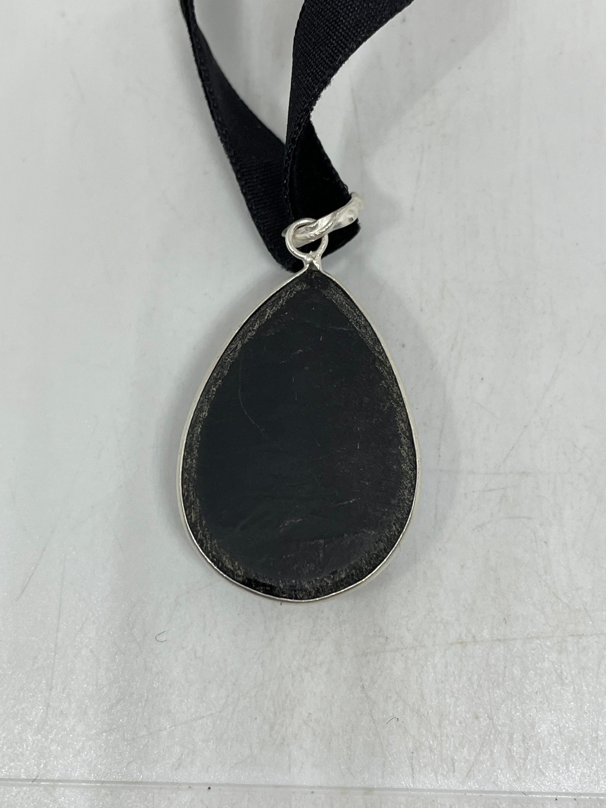 Vintage Silver Genuine Black Onyx druzy Dangle Pendant Necklace