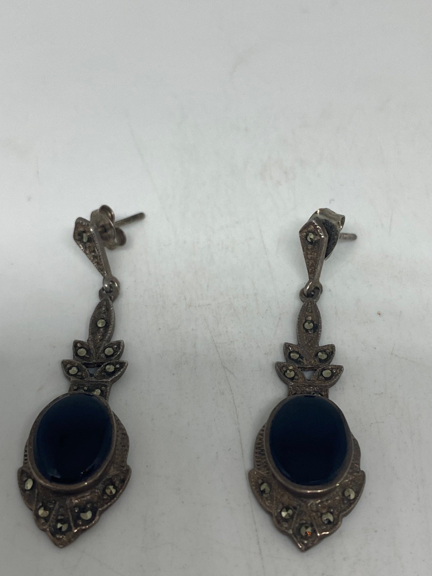 Vintage Black Onyx Earrings Marcasite 925 Sterling Silver Deco Dangle Chandelier