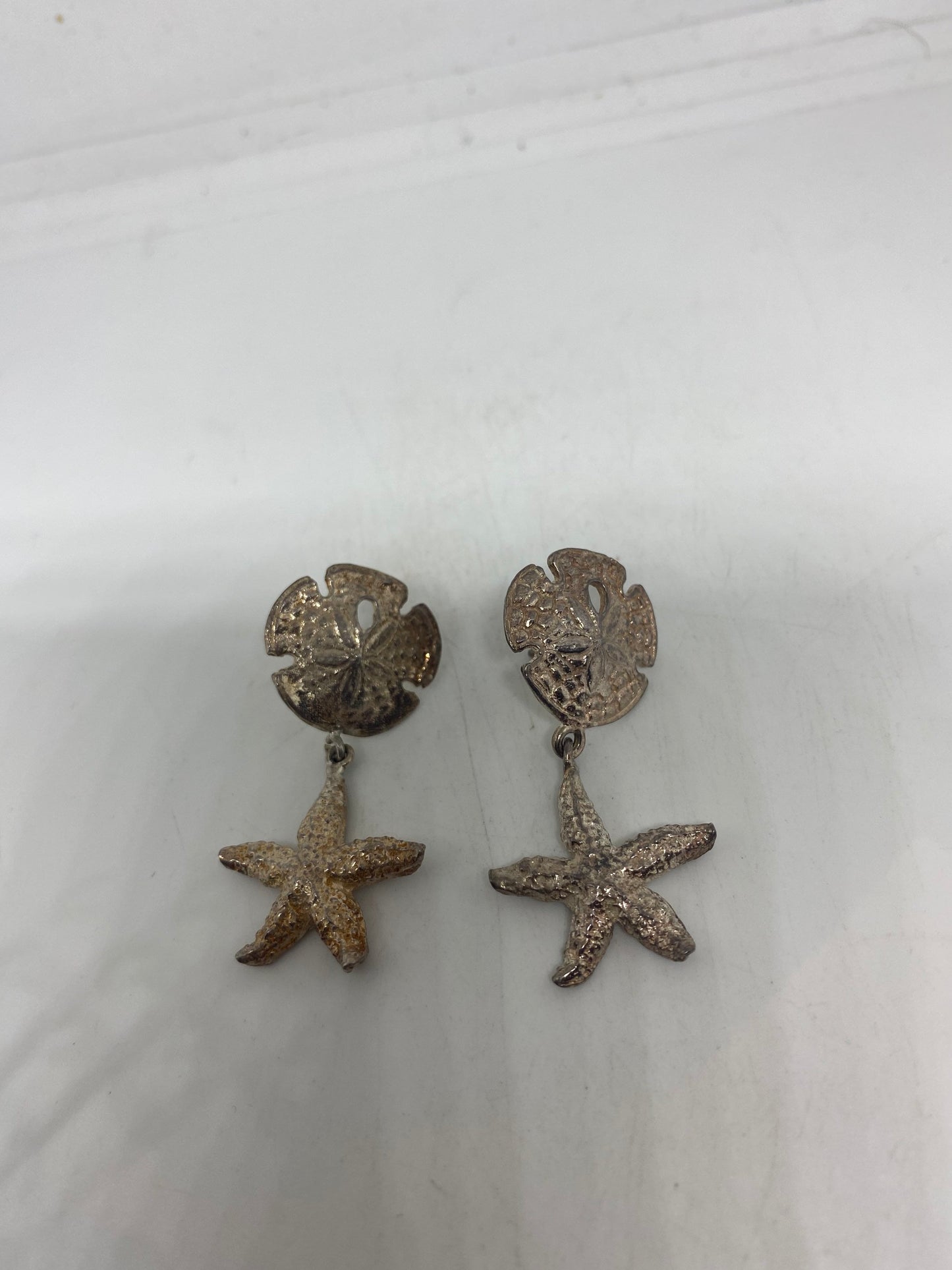 Vintage Sand Dollar Starfish 925 Sterling Silver Dangle Earrings