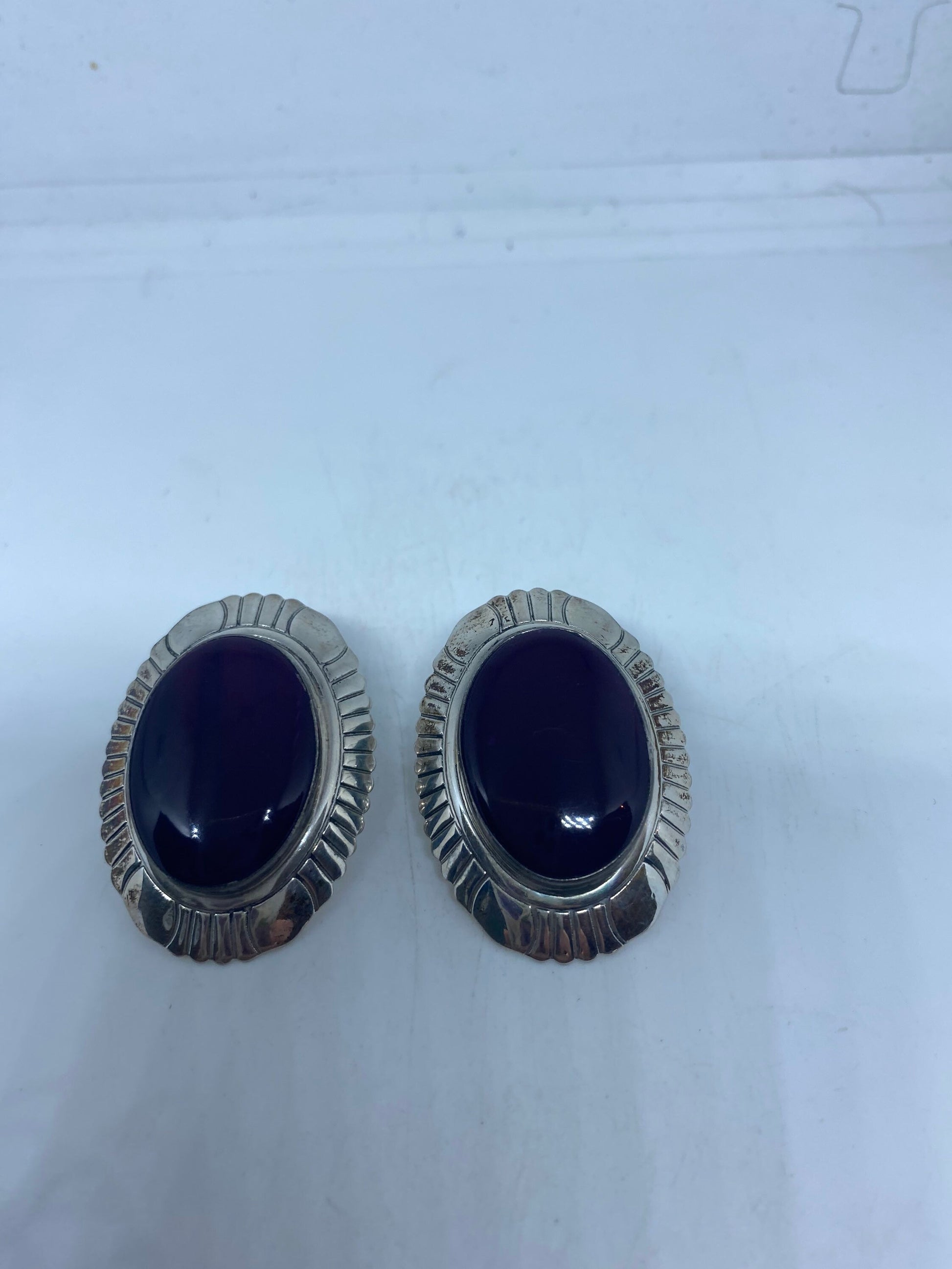 Vintage 925 Sterling Silver Purple Onyx Button Earrings