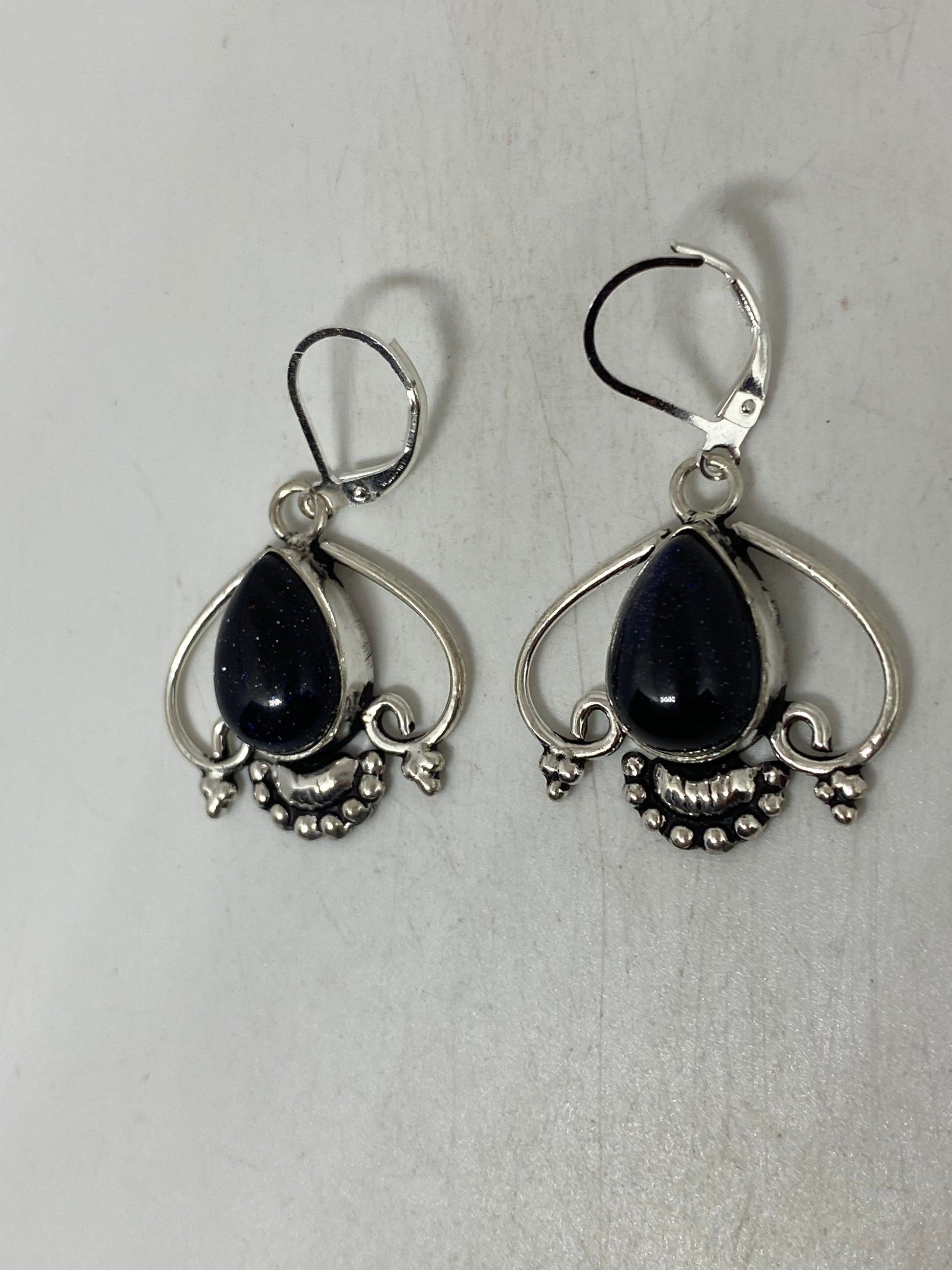 Antique Vintage Black Onyx 925 Silver Dangle LeverBack Earrings