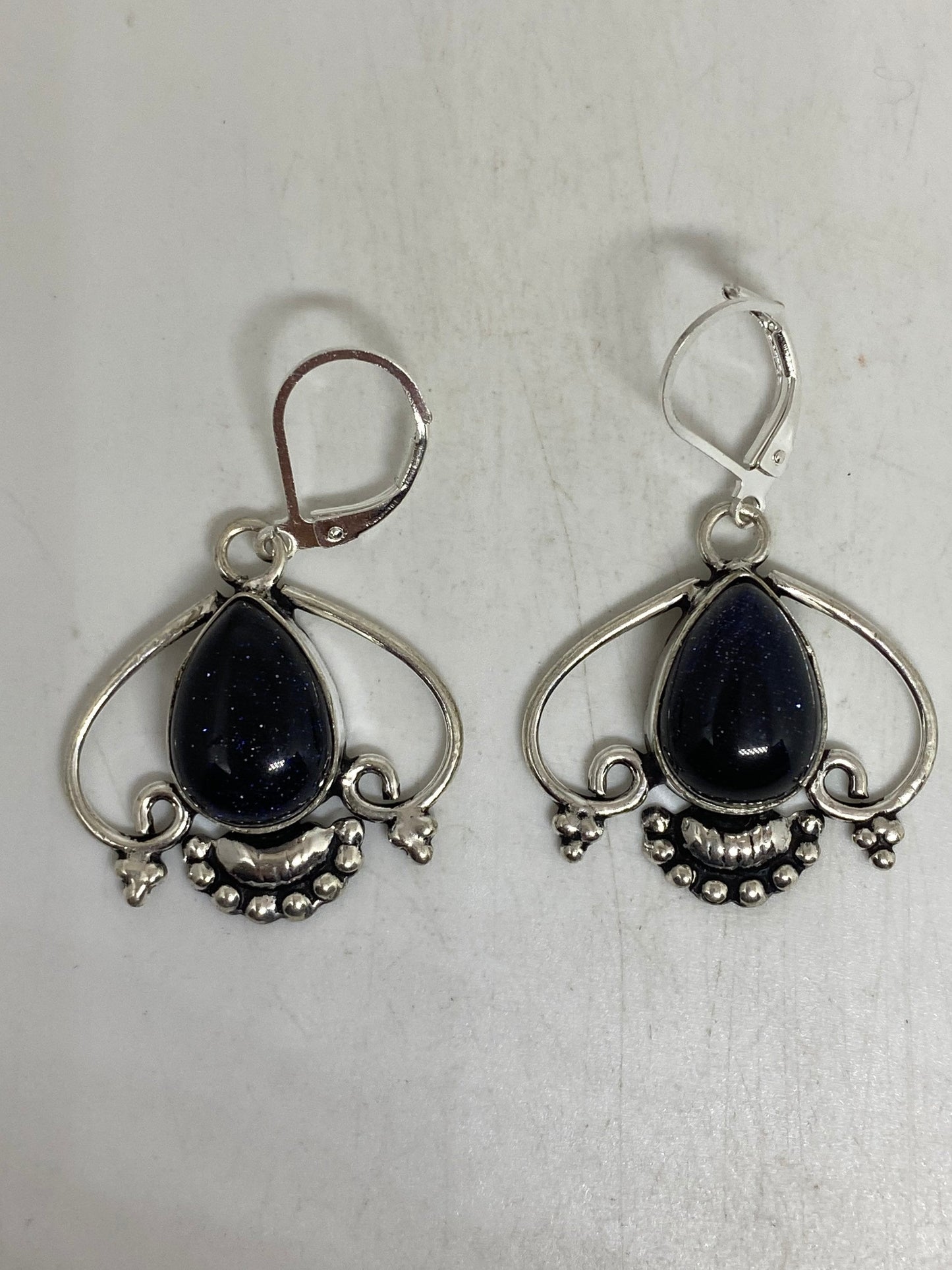 Antique Vintage Black Onyx 925 Silver Dangle LeverBack Earrings