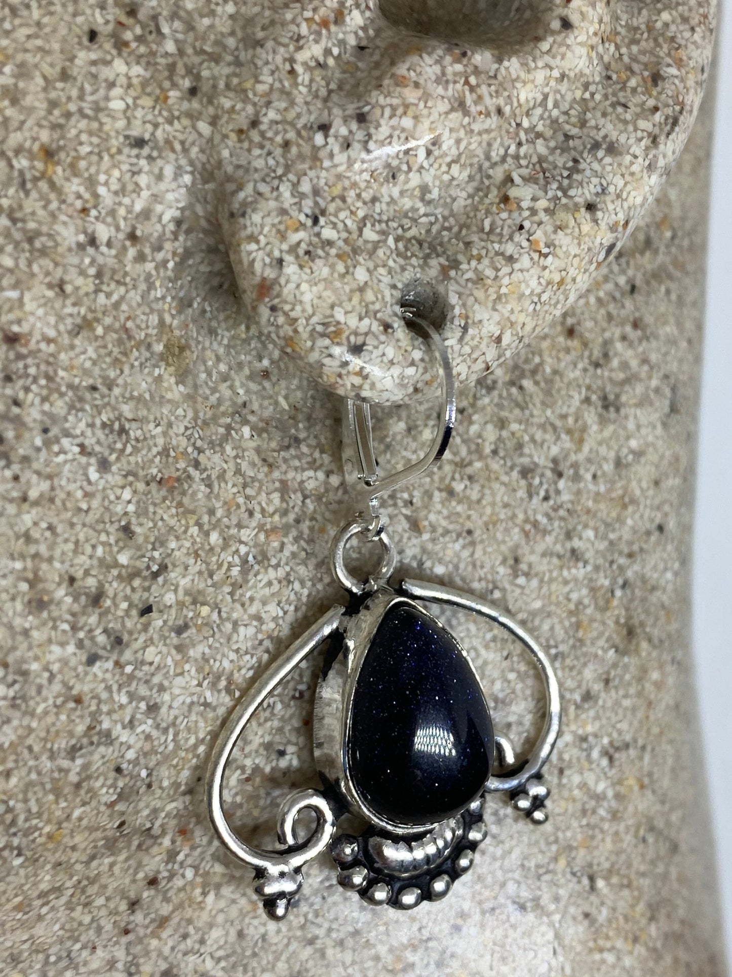 Antique Vintage Black Onyx 925 Silver Dangle LeverBack Earrings